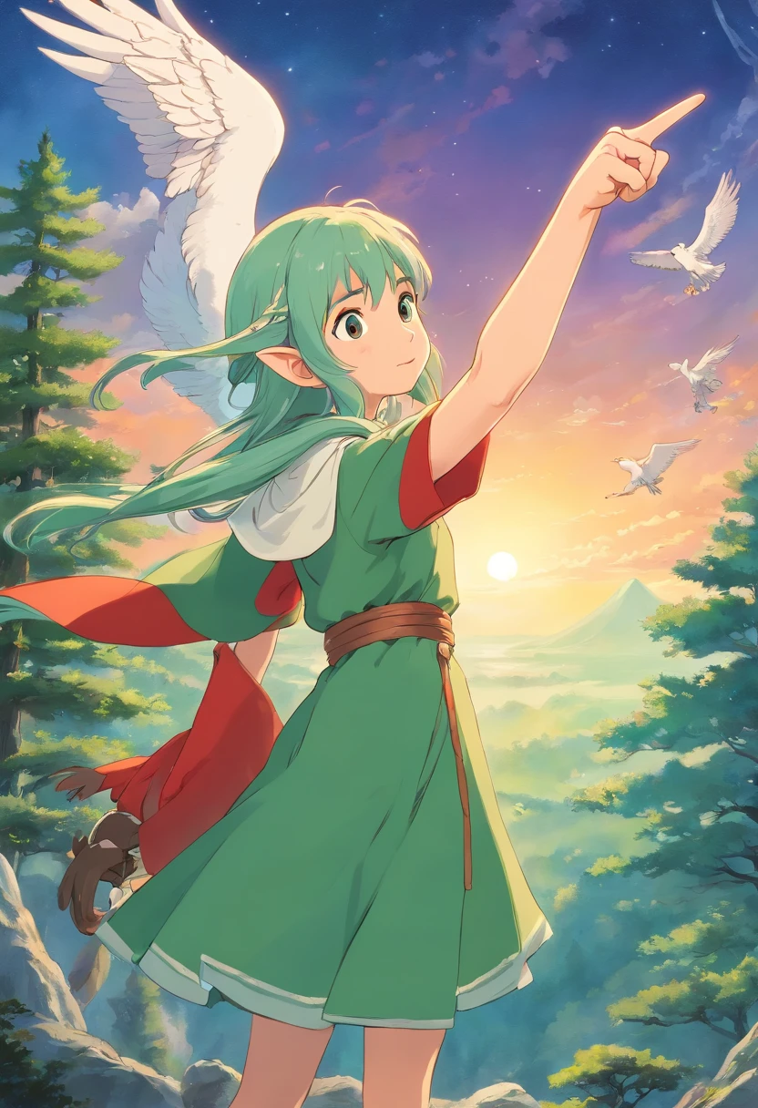 1 The elven girl held out a finger,Point forward,There is an eagle in the sky
