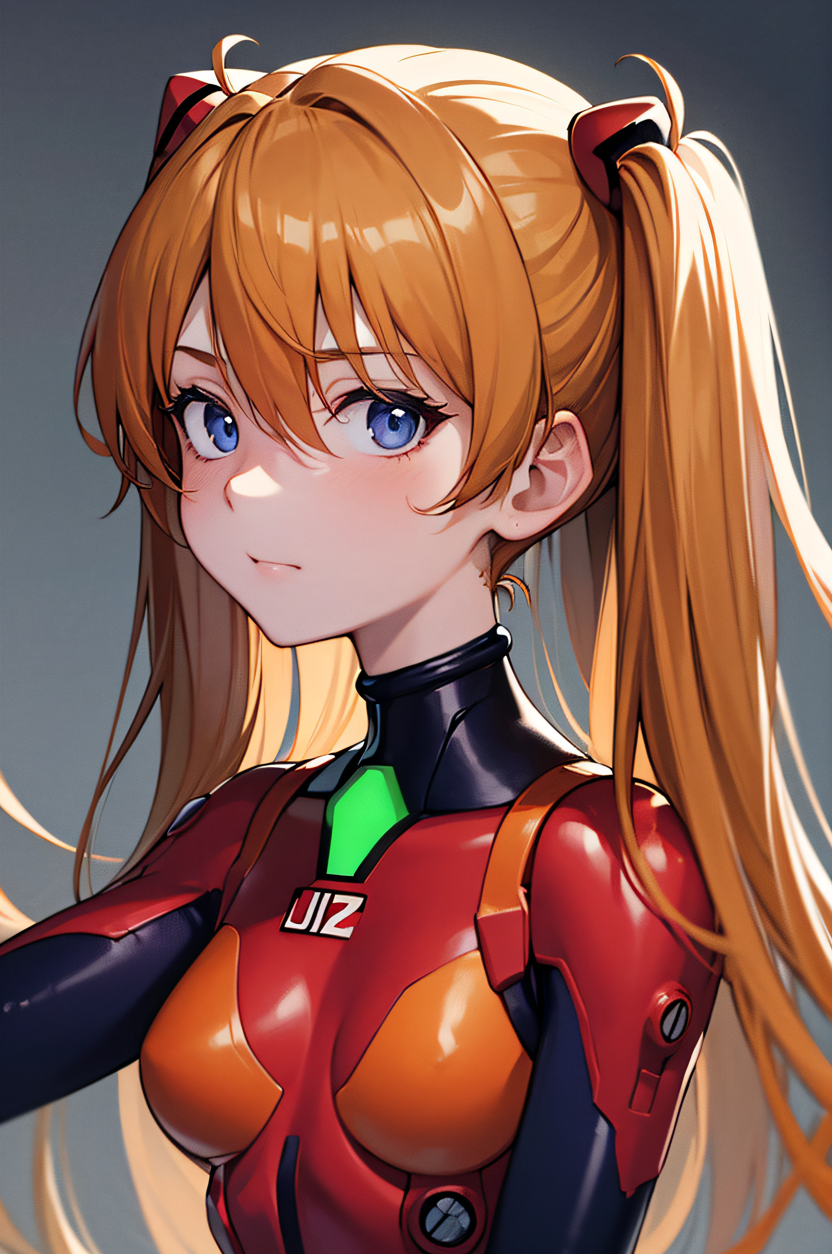 ((upper body portrait)),(masterpiece), best quality, expressive eyes, perfect face, 1girl, solo, souryuu asuka langley, interface headset, red bodysuit, standing, laboratory background, safety face, upper body, portrait