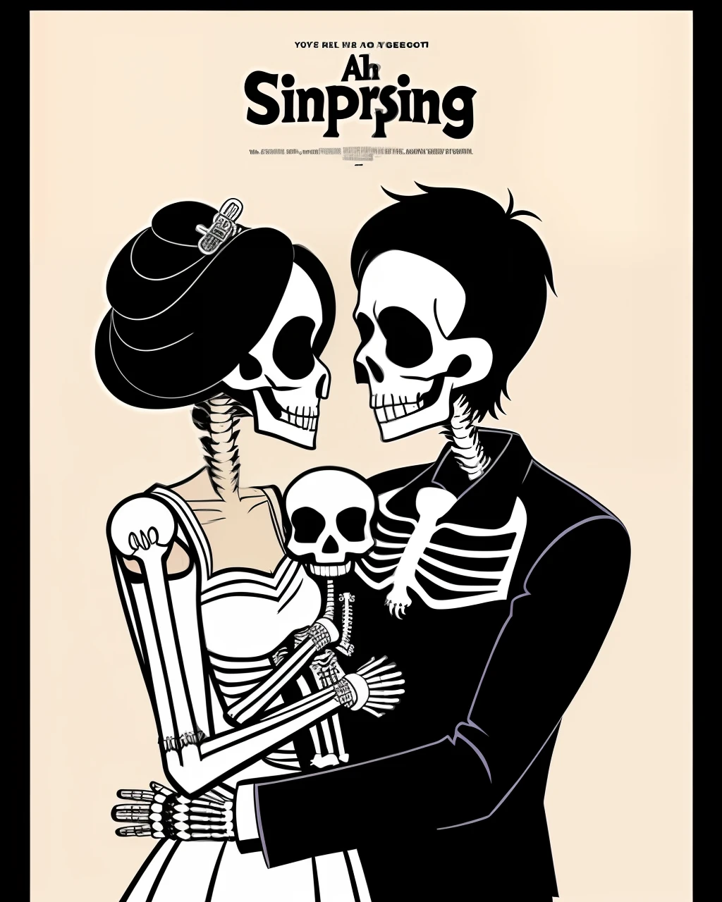 a pixar poster of a girlfriend dressed as a bride with a skeleton face, a boyfriend wearing all black with a skeleton face , boyfriend and girlfriend are kissing , holding a 6 month old baby boy wearing a skeleton outfit