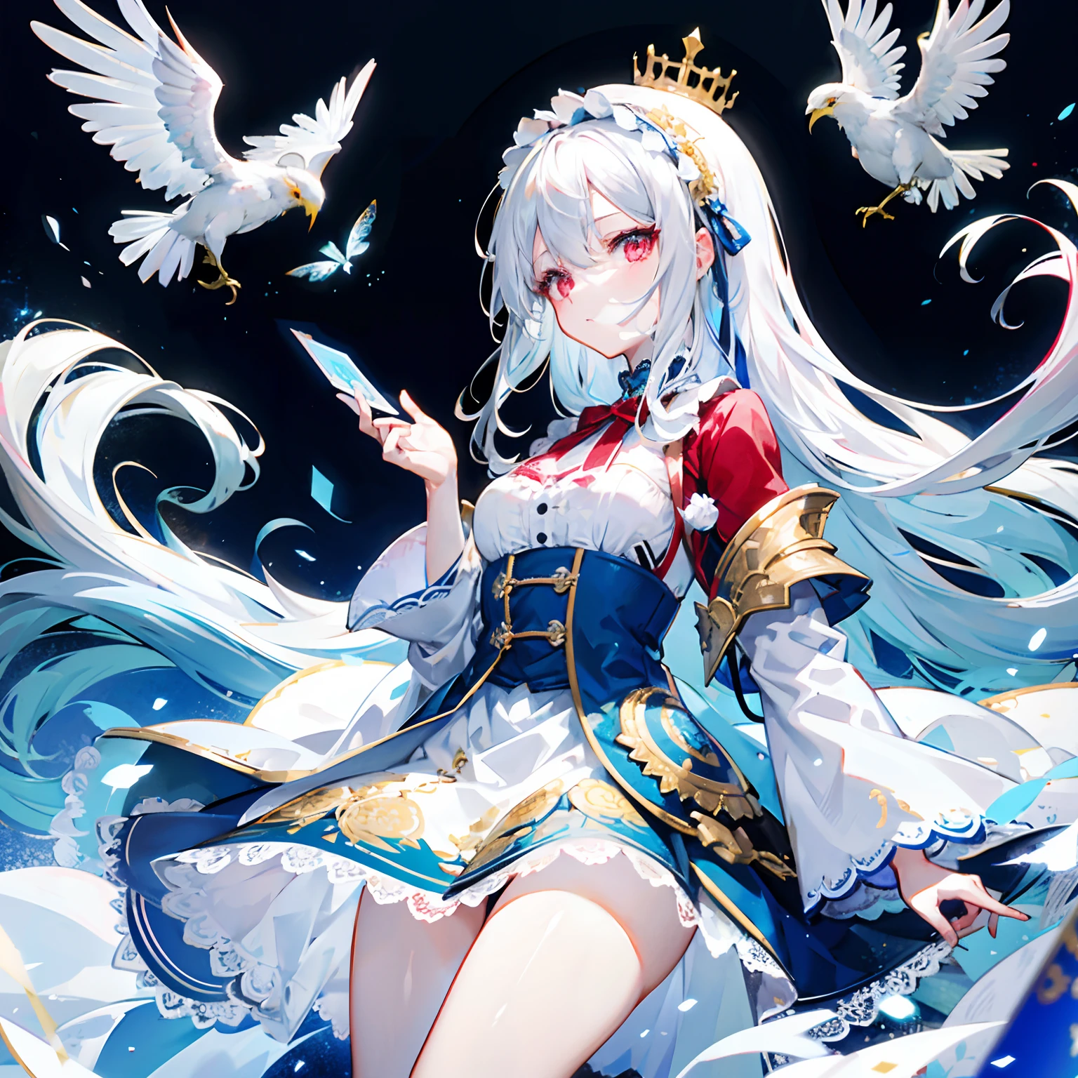 Lori Body Type Girl,Long bright silvery-white hair,Half-Crown Issuance Card,Gorgeous headband,Red Eyes,Blue and white skirt,Lace Floral Skirt,Golden Halbird
