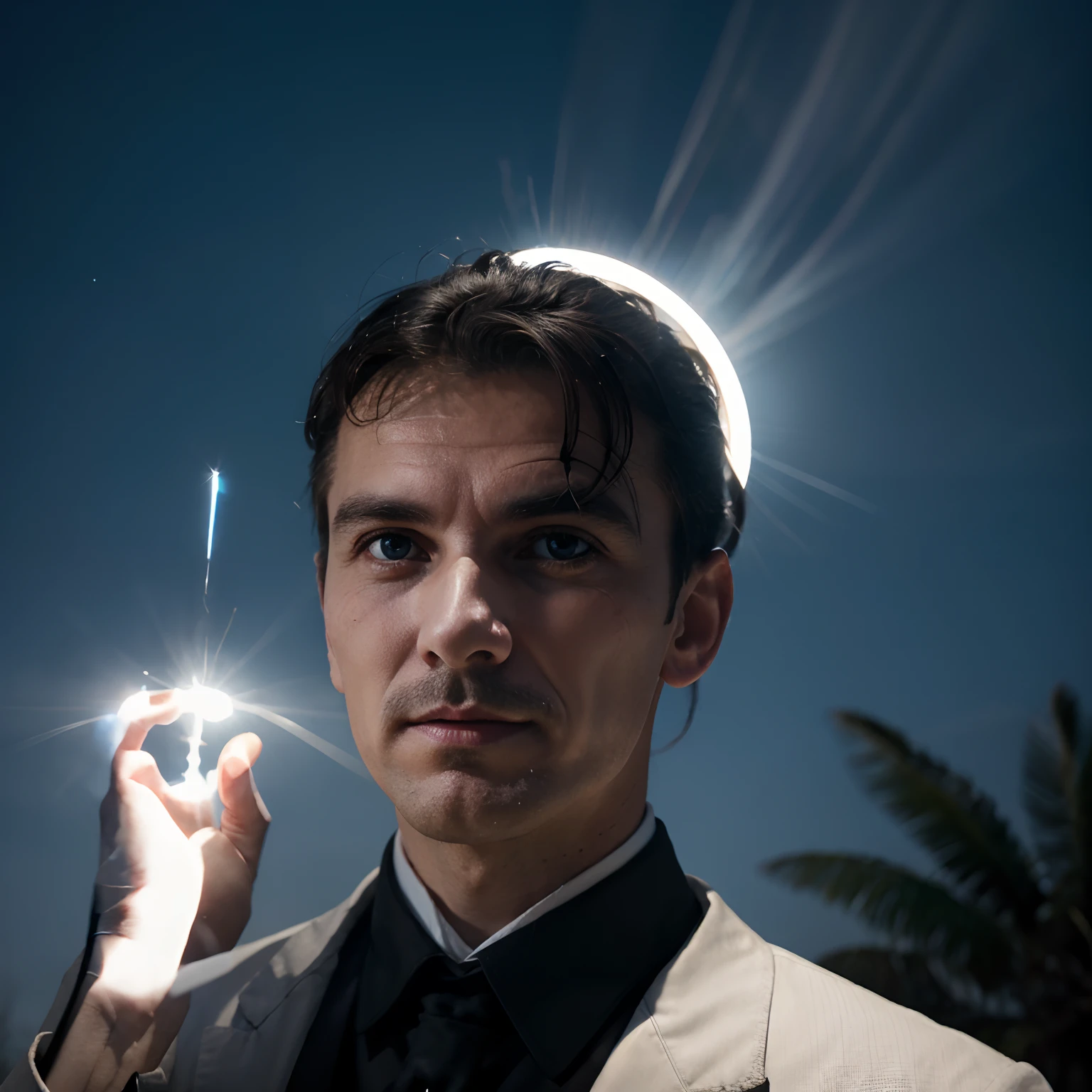 Create an image of Nikola Tesla descending from the sky with his eyes glowing with the characteristic color of fluorescent white light, with two fingers on the head in their characteristic position and in an environment of blue sky darkening a little, in an environment around 6 p.m.