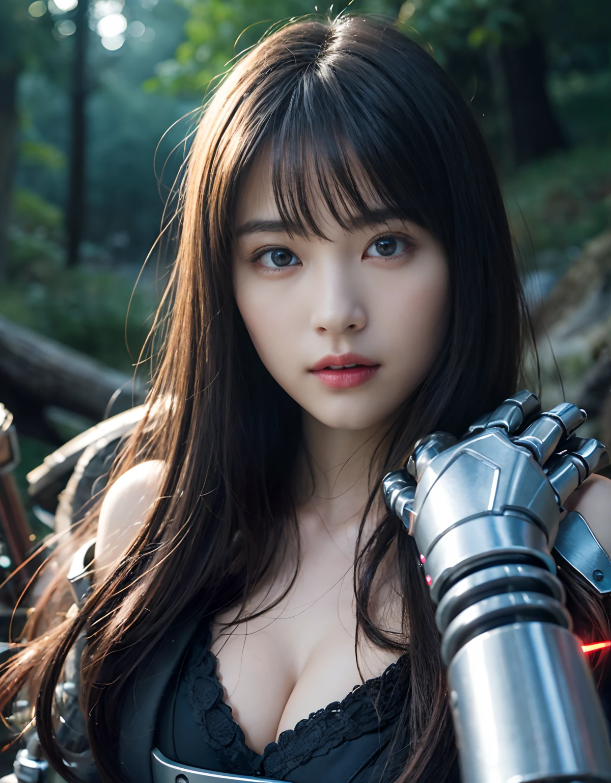 (1 Mechanical Girl)、top-quality、masterpiece、超A high resolution、(Photorealsitic:1.4)、Raw photo、1人、Fight mutants、glowy skin、(((1 Mechanical Girl)))、With a beautiful knife、(Red Metal Bodysuit)、(Fight goblings、ogre、Fierce battle with orcs),(Fight fiercely against aliens)、Fight fiercely、(beautiful forest background)、(Fighting Demonic Beasts)、(Small LED)、((super realistic details))、portlate、(Strong giant demon beast background),globalillumination、Shadow、octan render、8K、ultrasharp、Colossal tits、Raw skin is exposed in cleavage、metals、Details of complex ornaments、Japan details、highly intricate detail、Realistic light、(Mystical expression),CGSoation Trends、Blue eyes、radiant eyes、Facing the camera、neon details、(Mechanical limbs)、(blood vessels connected to tubes)、(Wires and cables connecting to the head)、Small LED、,Mechanical thighs、Toostock、(Hands are also made of machines)、(Attack of the Monster Beasts)、