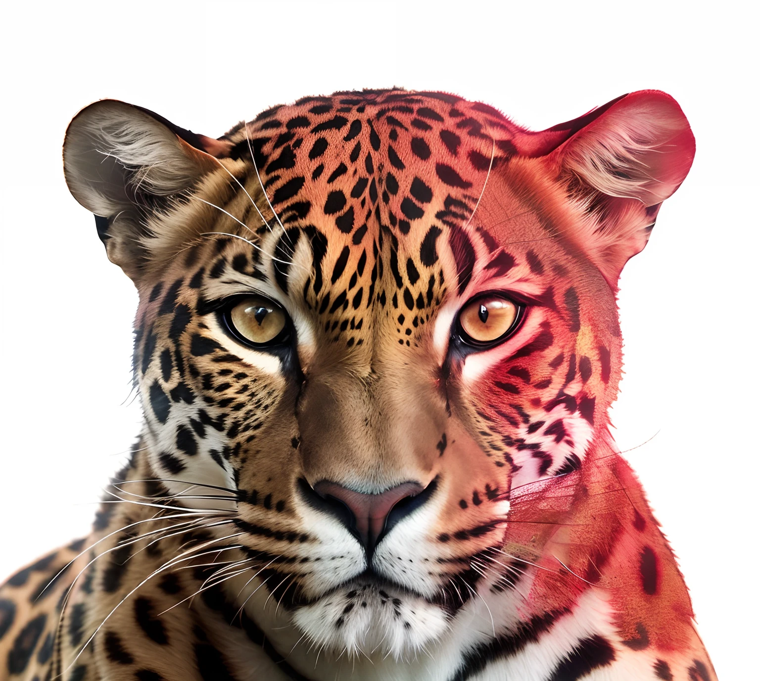 There's a leopard with a red spot on its face, jaguar head tattoodesign, arte digital animal foto, Jaguar, blood dripping down the head, manchado ultra realista, Directed by: Matteo Pérez, Directed by: David Rubi, sangue nas roupas e no rosto, Directed by: Adam Marczyński, hard predatory look, Directed by: Gavin Hamilton, Arte Digital. altamente detalhado. Shades of reddish color in the middle of the head, efeitos de luzes vermelhas