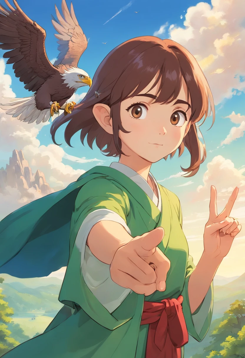 1 The elven girl held out a finger，Point forward，There is an eagle in the sky