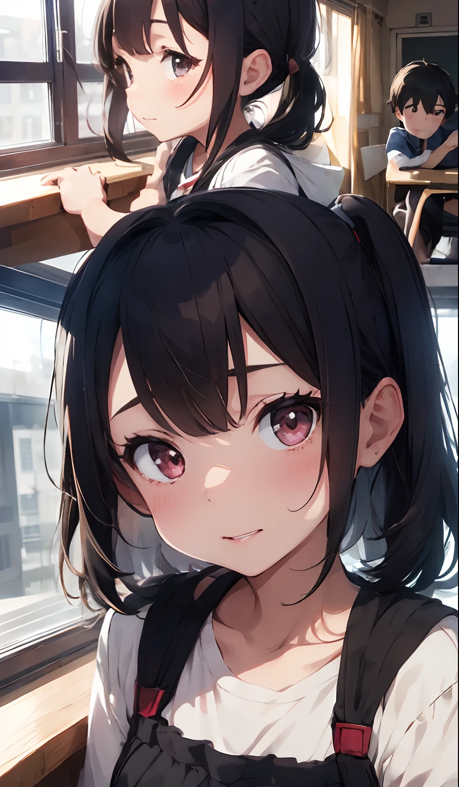 {Two people} ,{Boy 1}{girl1}kiss{Seduced}, 4K picture quality, cinematic quality,school,{ boy and girl},{tiny body},{two children} A dark-haired,cute little, Kamimei{deepkiss}