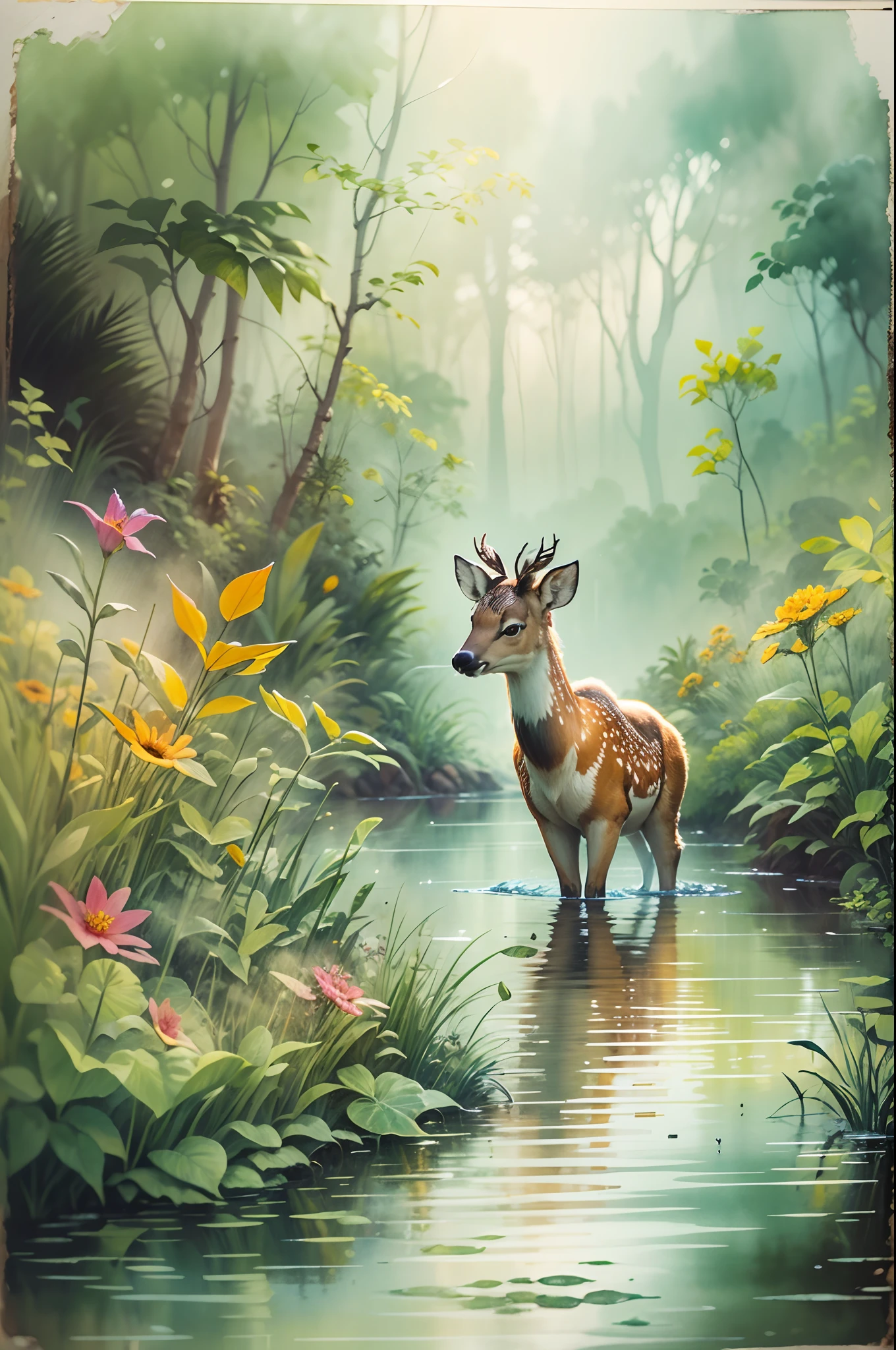 ink and watercolor painting，water ink，ink，Smudge，rivulets，rainbowing，jungles，Flowers，sika deer，steamy，smog，Immortal，vibrant with colors，Water surface reflection，Real light，super-fine，Hyper-realistic，Ultra photo realsisim，tmasterpiece，8k，on focus，Bokeh，Detailed pubic hair，hyper-detailing，high qulity，High definition，cinematic perspective