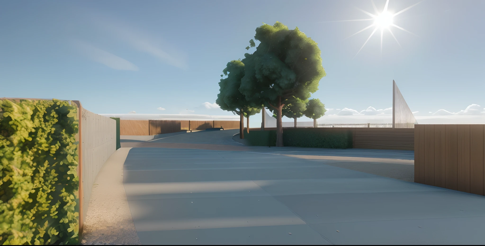 rendering of a park, a concrete pathway extend to the far distance, a wooden wall on the right, ((bush hedge)) on the left all the way along of the pathway, some trees in background, ((modern sculpture)) in the distance, ((beautiful blue sky, daylight, bright light)), masterpiece, ultra-detailed, realistic rendering, commercial rendering, 4K rendering, vray rendering