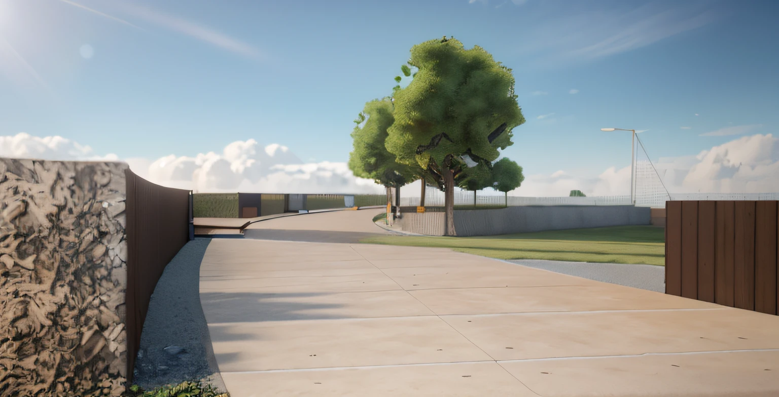 rendering of a park,
a concrete pathway extend to the far distance,
a wooden wall on the right,
((bush hedge)) on the left all the way along of the pathway,
wooden pathway from left to right crossing the concrete pathway,
some trees in background,
(( modern sculpture)) in the distance,
beautiful open grass lawn,
((beautiful blue sky, daylight, bright light)),
masterpiece, ultra-detailed, realistic rendering, commercial rendering, 4K
rendering, vray rendering
