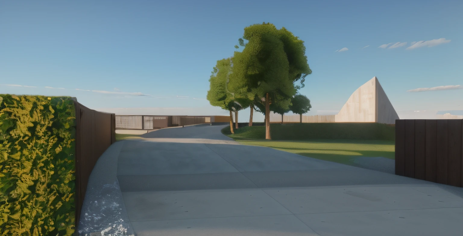 Rendering of a park,
A concrete pathway extend to the far distance,
A wooden wall on the right,
((bush hedge)) on the left all the way along of the pathway,
Some trees in the background,
((modern sculpture)) in the distance,
Beautiful open grass lawn,
((beautiful blue sky, daylight, bright light)),
Masterpiece, ultra-detailed, realistic rendering, commercial rendering, 4k,
Rendering, vray rendering