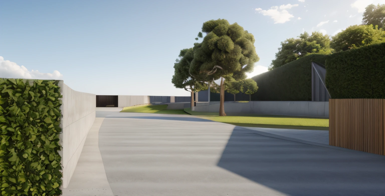 rendering of a park, a concrete pathway extend to the far distance, a wooden wall on the right, ((bush hedge)) on the left all the way along the pathway, wooden pathway from left to right crossing the concrete pathway, some trees in background, ((modern sculpture)) in the distance, beautiful open grass lawn, ((beautiful blue sky, daylight, bright light)), master piece, ultra-detailed, realistic rendering, commercial rendering, 4K rendering, Vray rendering