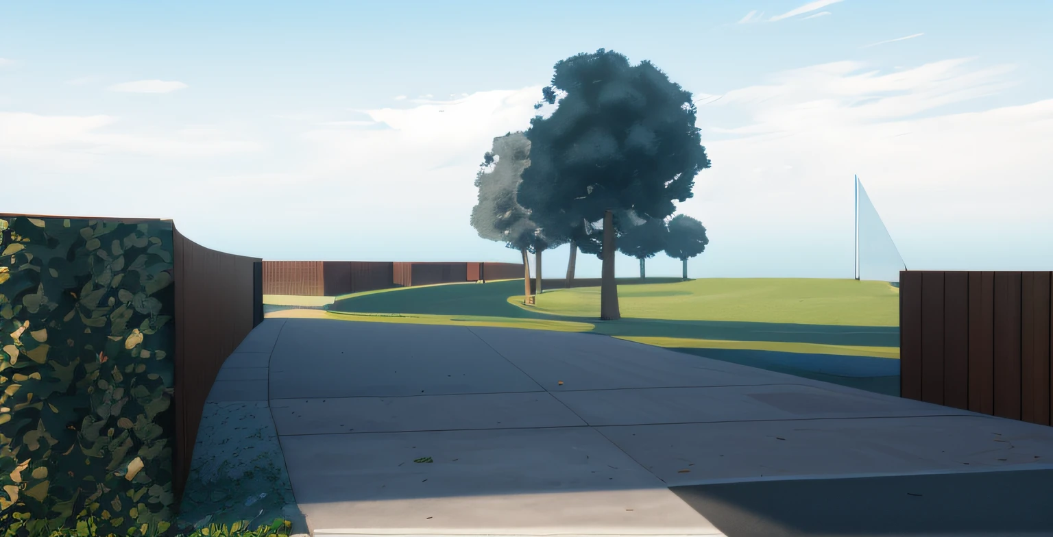 rendering of a park, a concrete pathway extended to the far distance, a wooden wall on the right, ((bush hedge)) on the left all the way along the pathway, some trees in the background, ((modern sculpture)) in the distance, beautiful open grass lawn, ((beautiful blue sky, daylight, bright light)), masterpiece, ultra-detailed, realistic rendering, commercial rendering, 4k rendering, vray rendering