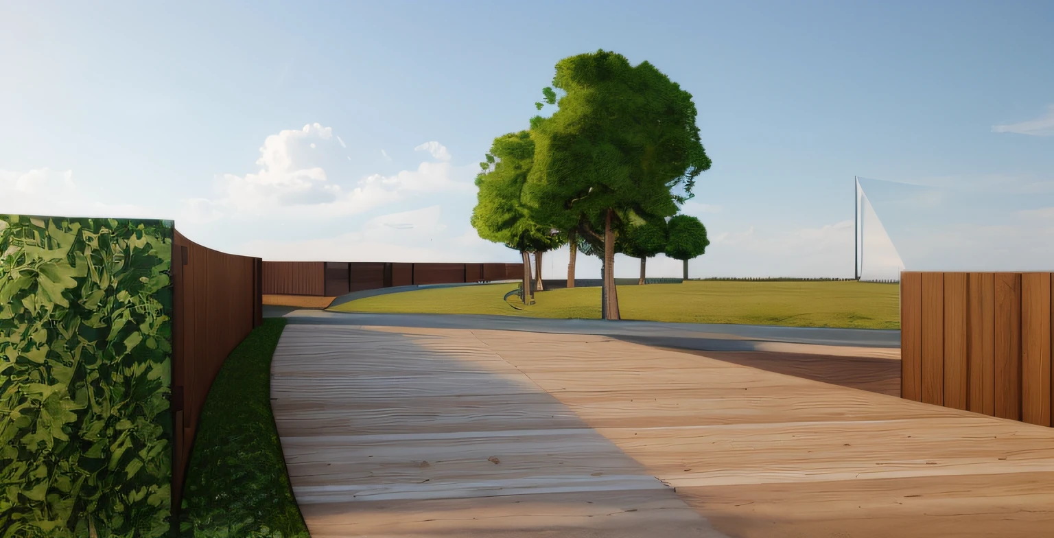 rendering of a park, a concrete pathway extend to the far left distance, a wooden wall on the right, ((bush hedge)) on the left all the way along of the pathway, wooden pathway from left to right crossing the concrete pathway, some trees in background, ((modern sculpture)) in the distance, beautiful open grass lawn, ((beautiful blue sky, daylight, bright light)), masterpiece, ultra-detailed, realistic rendering, commercial rendering, 4K rendering Vray rendering.