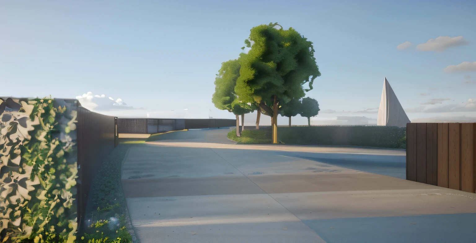 rendering of park, a concrete pathway extend to the far distance, a wooden wall on the right, ((bush hedge)) on the left to right crossing the concrete pathway, wooden pathway from left to right crossing the concrete pathway, some trees in background, ((modern sculpture)) in the distance, beautiful open grass lawn, ((beautiful blue sky, daylight, bright light)), masterpiece, ultra detailed, realistic rendering, commercial rendering, 4K rendering, vray rendering