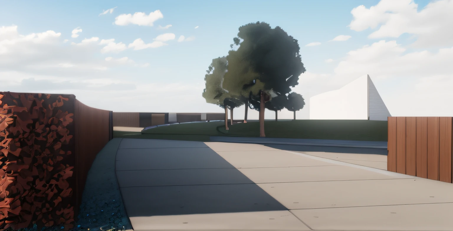 rendering of a park, a concrete pathway extend to the far distance, a wooden wall on the right,((bush hedge)) on the left all the way along the pathway, wooden pathway from left to right crossing the concrete pathway, some trees in background, ((modern sculpture)) in the distance, beautiful open grass lawn, ((beautiful blue sky, daylight, bright light )), masterpiece, ultra-detailed-realistic rendering, commercial rendering, 4K rendering, vray rendering