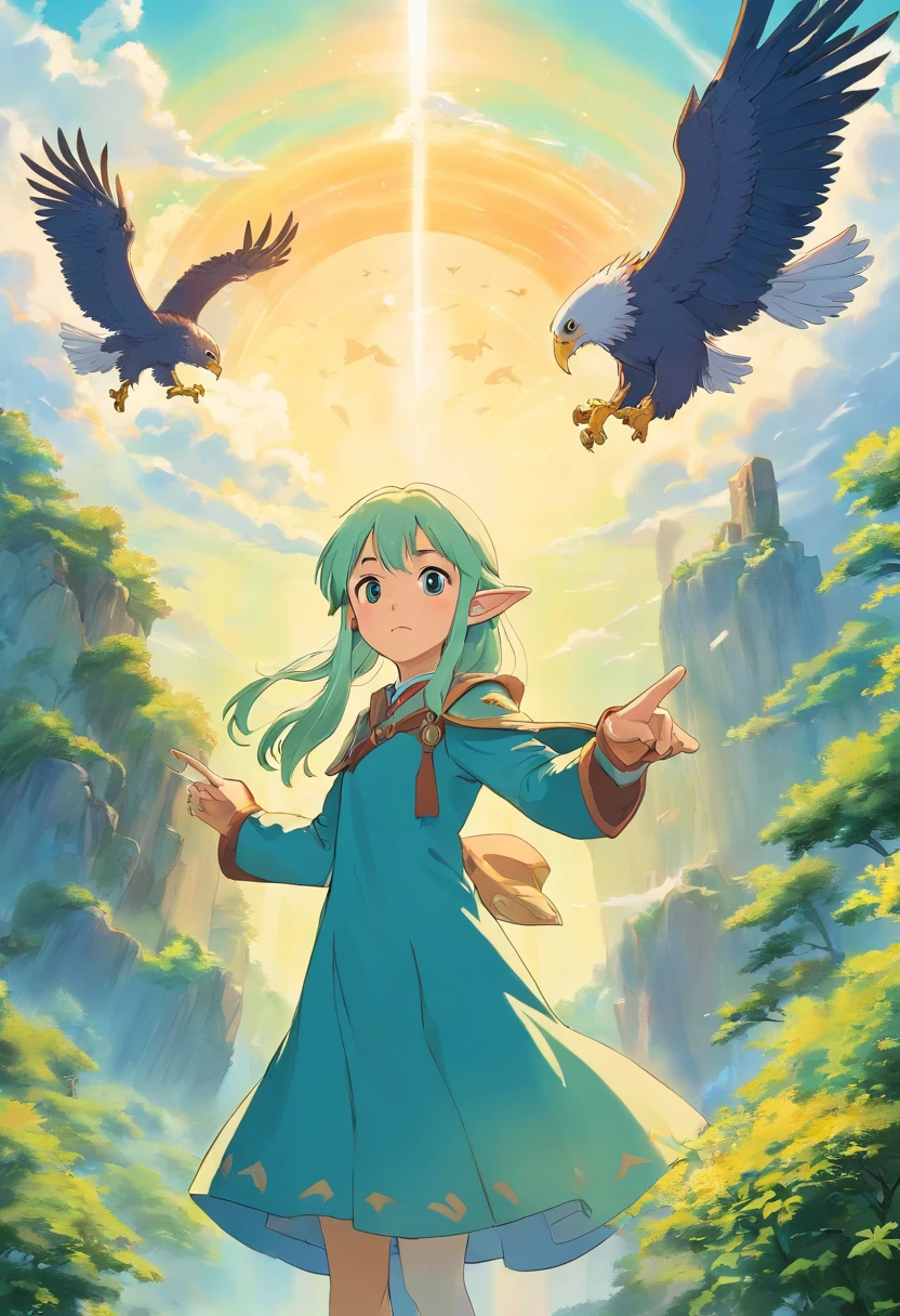 1 The elven girl held out a finger,Point forward,There is an eagle in the sky