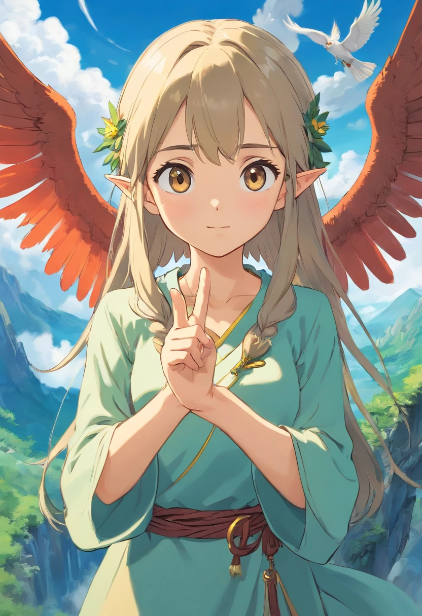 1 The elven girl held out a finger,Point forward,There is an eagle in the sky