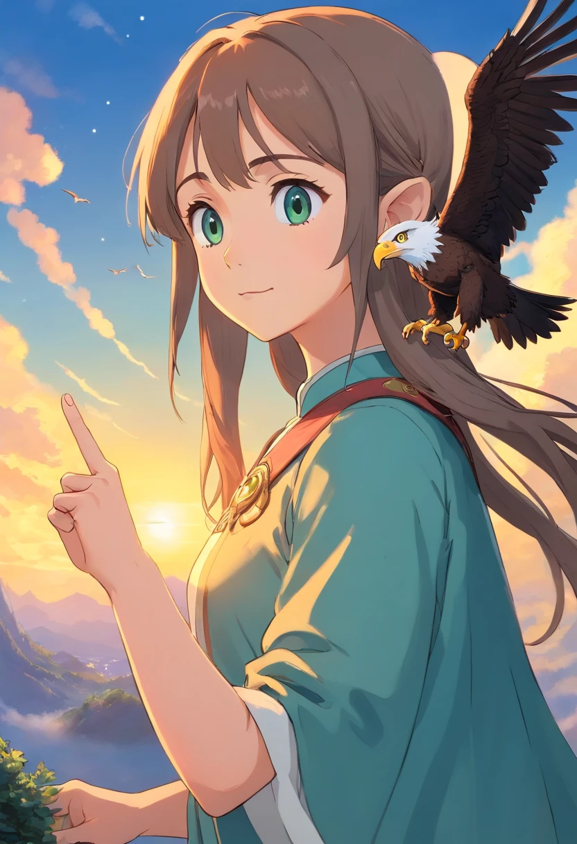 1 The elven girl held out a finger，Point forward，There is an eagle in the sky