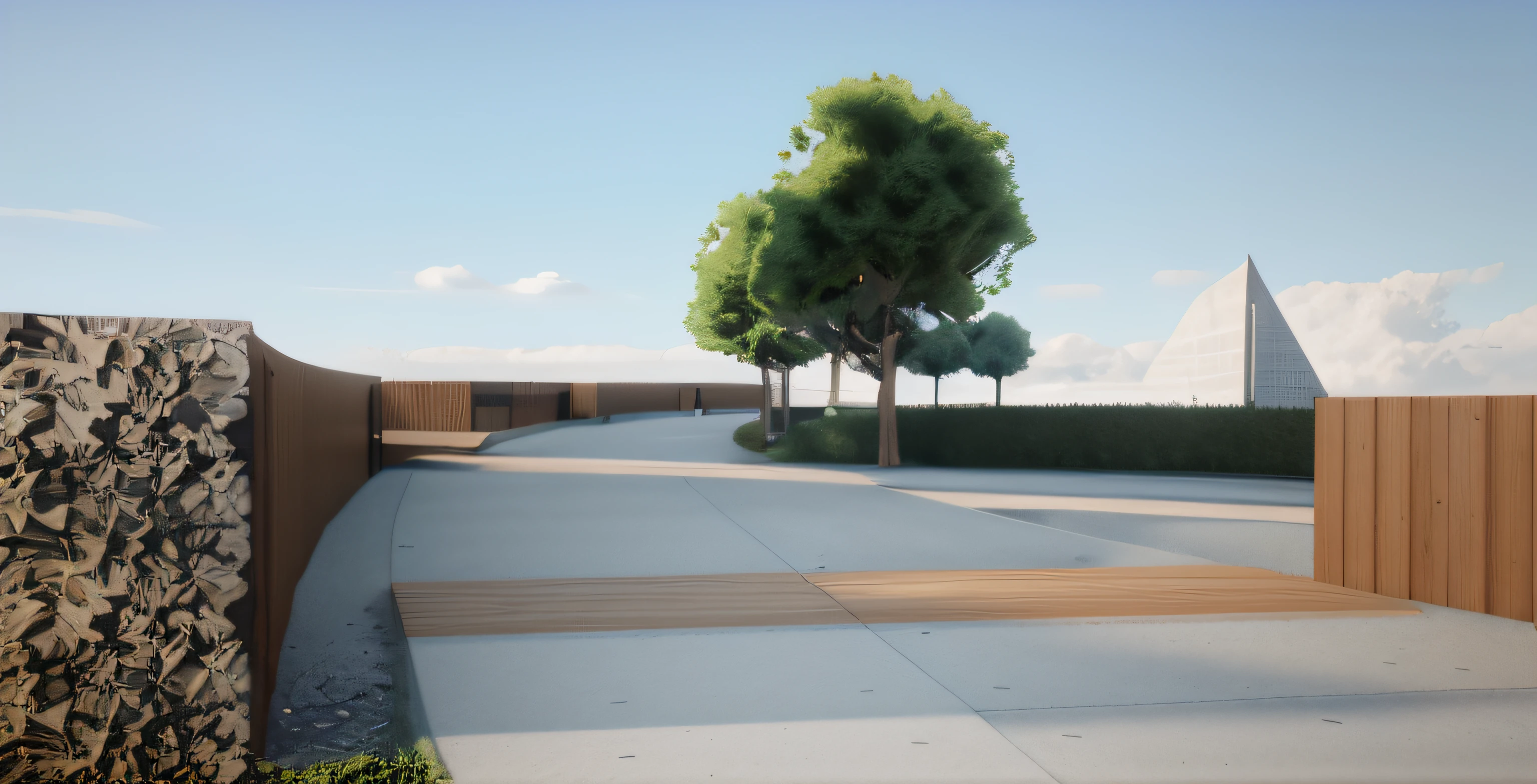 rendering of a park, a concrete pathway extend to the far distance, a wooden wall on the right, ((bush hedge)) on the left all the way along of the pathway, wooden pathway from left to right crossing the concrete pathway, some trees in background, ((modern sculpture)) in the distance, beautiful open grass lawn, ((beautiful blue sky, daylight, bright light)), masterpiece, ultra-detailed, realistic rendering, commercial rending, 4K, rendering, vray rending
