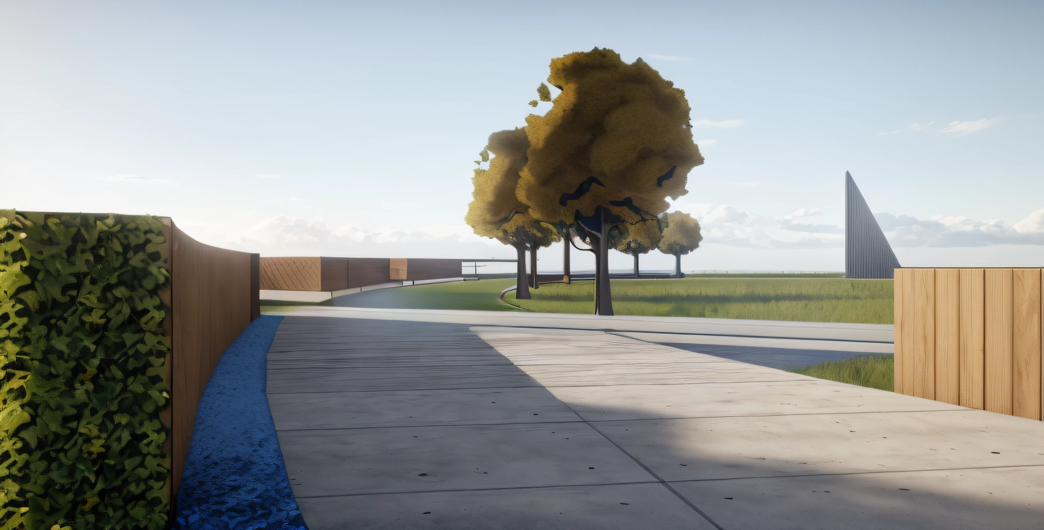 rendering of a park,
a concrete pathway extend to the far distance,
a wooden wall on the right,
((bush hedge)) on the left all the way along of the pathway,
wooden pathway from left to right crossing the concrete pathway,
some trees in background,
(( modern sculpture)) in the distance,
beautiful open grass lawn,
((beautiful blue sky, daylight, bright light)),
masterpiece, ultra-detailed, realistic rendering, commercial rendering, 4K
rendering, vray rendering
