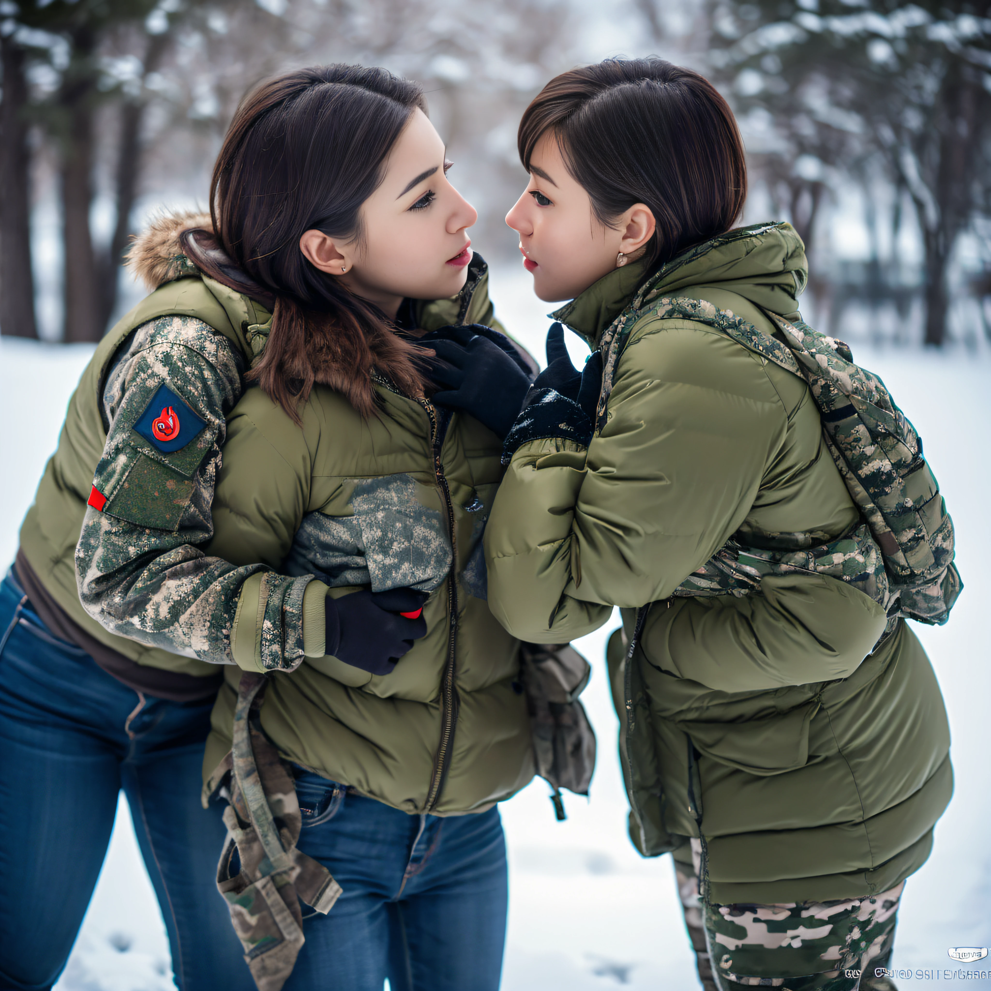 (photorealistic), beautiful lighting, best quality, realistic, full body portrait, real picture, intricate details, depth of field, 2 girls lesbian kissing, Filipino woman, 24-years-old, in a cold snowstorm, a wings, A very muscular solider girl with haircut, wearing winter camo military fatigues, camo plate carrier rig, combat gloves, (magazin pouches), (kneepads), highly-detailed, perfect face, hazel eyes, lips, wide hips, small waist, tall, make up, tacticool, Fujifilm XT3, outdoors, bright day, Beautiful lighting, RAW photo, 8k uhd, film grain, ((bokeh))