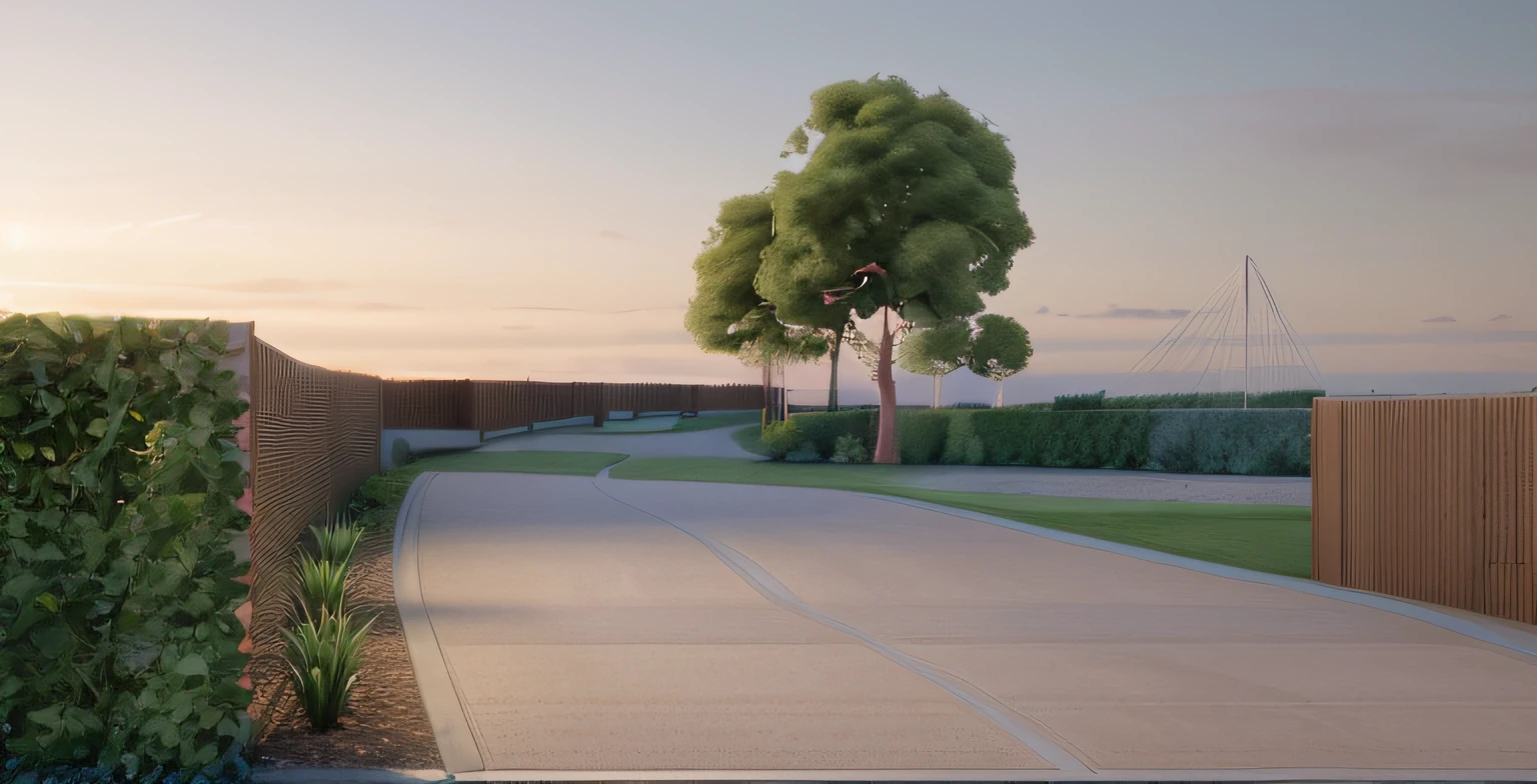 rendering of a park, a concrete pathway extend to the far distance, a oak wood wall on the right, a natural ( ( bush hedge ) ) on the left all the way along the pathway, a wooden pathway from left to right crossing the concrete pathway, some beautiful autumnal trees in the background, ( ( modern sculpture ) ) in the distance, beautiful open meadow grass lawn, ( ( beautiful blue and pink sky, sunset, ambient light ) ), masterpiece, ultra-detailed, realistic rendering, commercial rendering, 4k rendering, vray rendering
