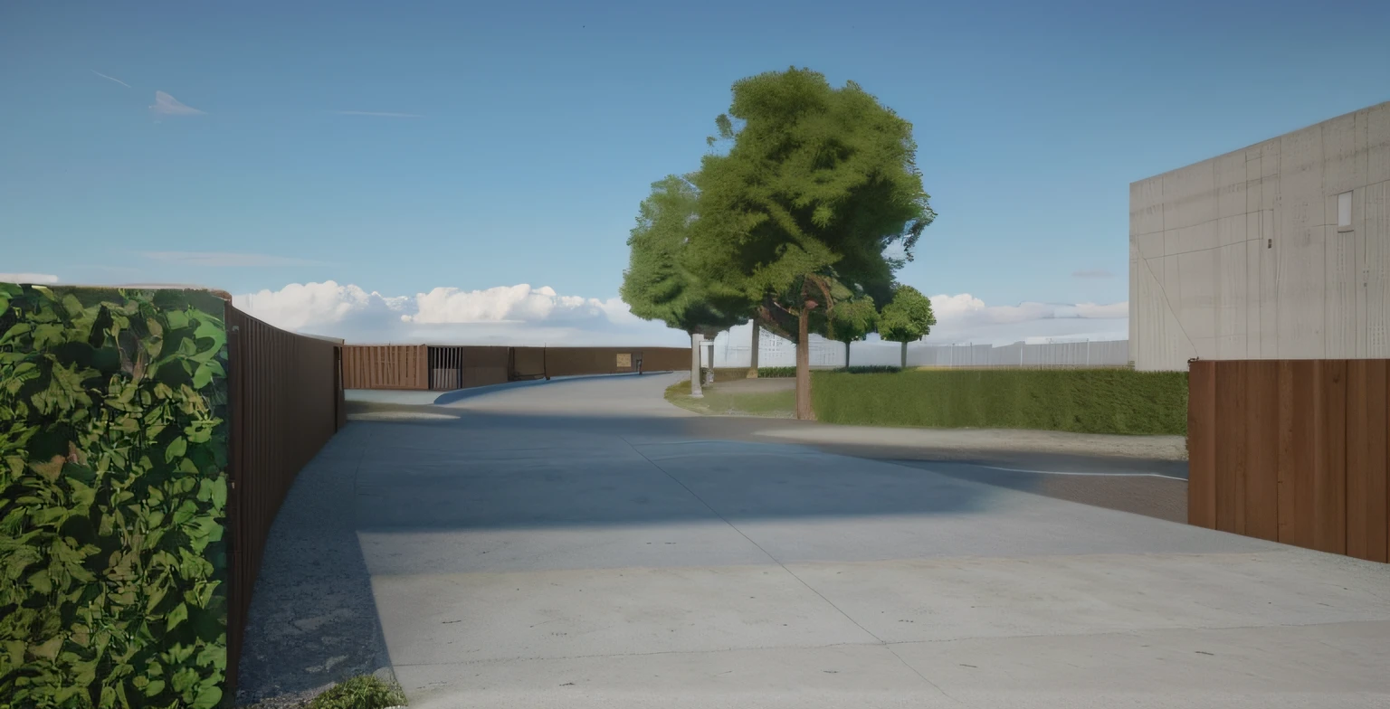 rendering of a park, a concrete pathway extend to the far distance, a wooden wall on the right, ((bush hedge)) on the left all the way along of the pathway, wooden pathway from left to right crossing the concrete pathway, some trees in the background, ((modern sculpture)) in the distance, beautiful open grass lawn, ((beautiful blue sky, daylight, bright light)), masterpiece, ultra-detailed, realistic rendering, commercial rendering, 4K rendering, vray rendering