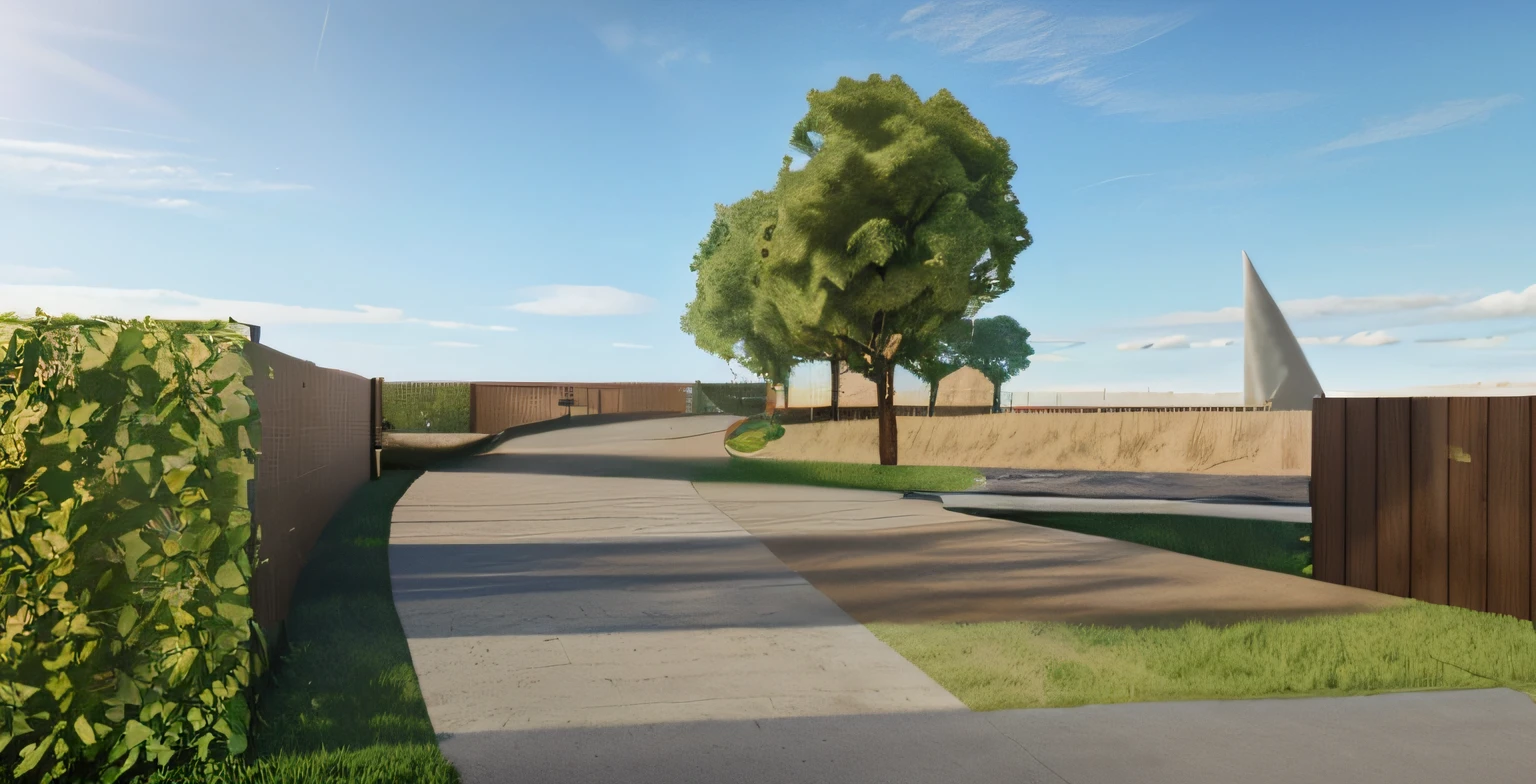 rendering of a park, a concrete pathway extend to the far distance, a wooden wall on the right, ((bush hedge)) on the left all the way along of the pathway, wooden pathway from left to right crossing the concrete pathway, some trees in background, ((modern sculpture)) in the distance, beautiful open grass lawn, ((beautiful blue sky, daylight, bright light)), masterpiece, ultra-detailed, realistic rendering, commercial rendering, 4k rendering, vary rendering