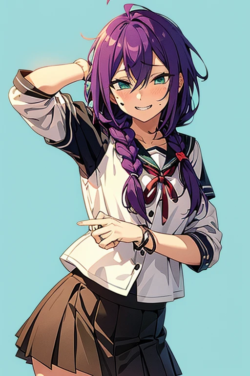 long hair, mole under mouth, purple hair, single braid, hair between eyes, aqua eyes, sharp teeth, ahoge, 1girl, blush, smile, cowboy shot, female school uniform, shirt, skirt, gal style, gyaru style, hairpins, accessories