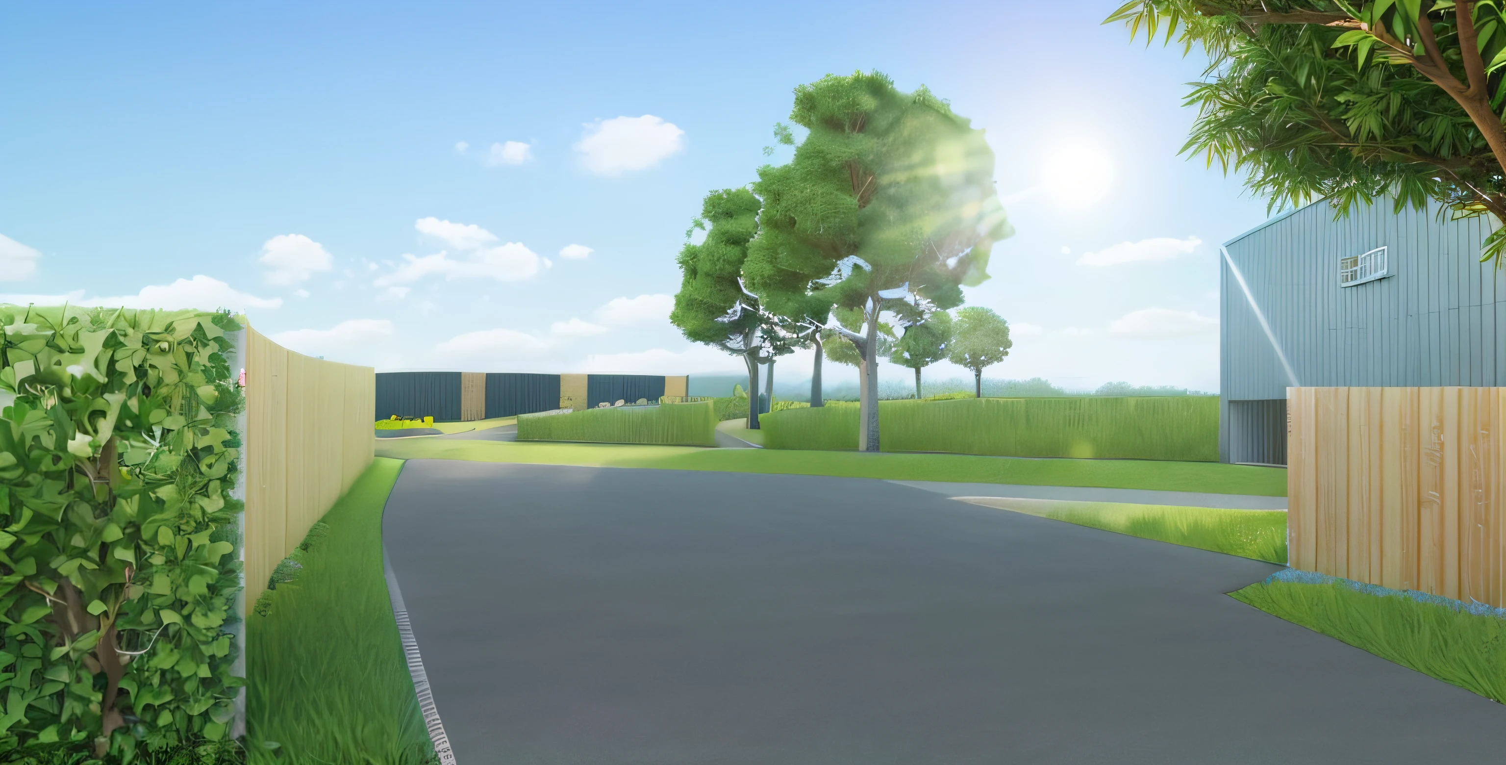 Rendering of a park, wooden pathway extend to the far distance, concrete wall on the right, ((bush hedge)) on the left all the way along the pathway, some oak trees in the background, open grass lawn with natural grasses and wildflowers, ((beautiful blue sky, daylight, bright light)), masterpiece, ultra-detailed, realistic rendering, commercial rendering, 4k rendering, vray rendering