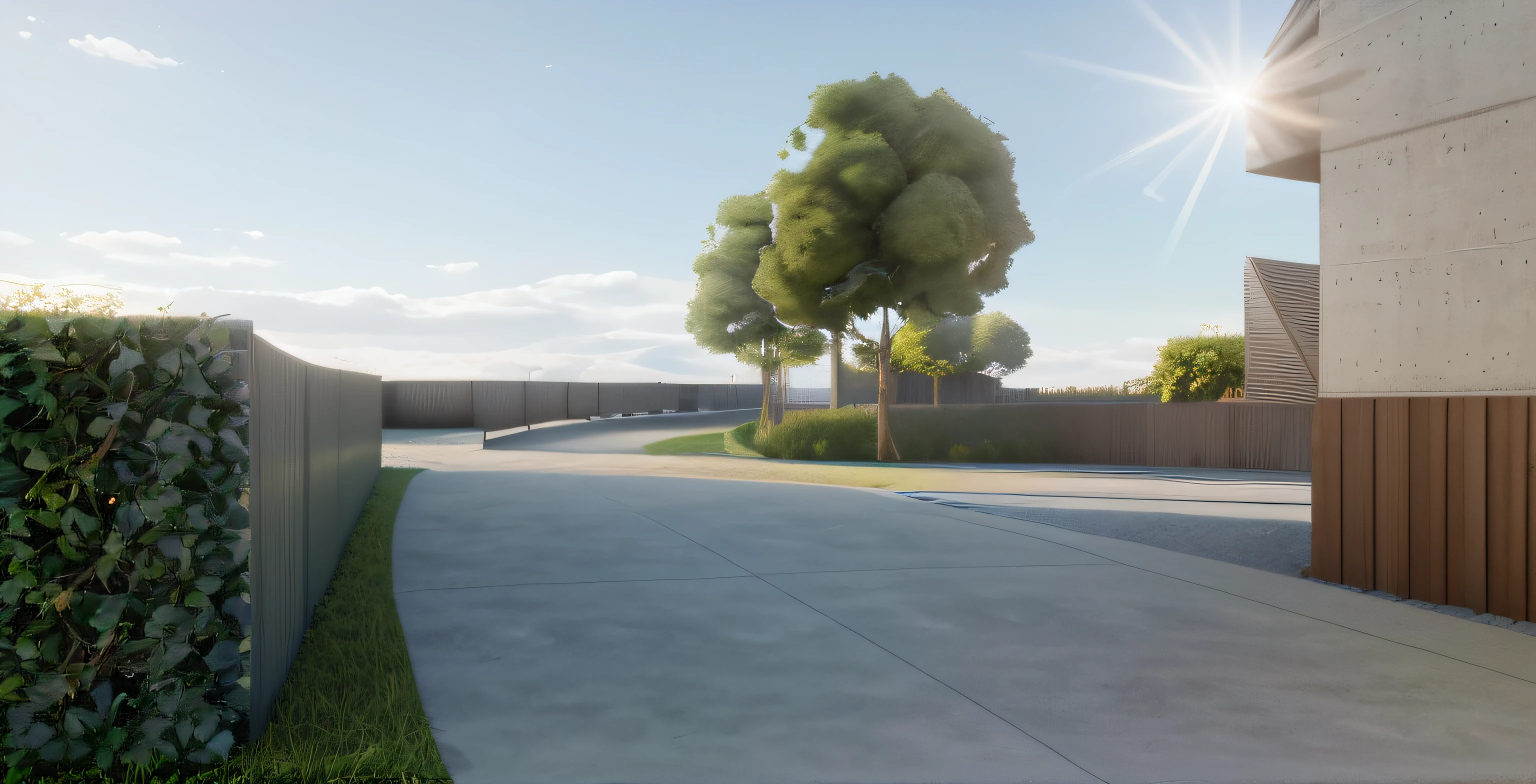 rendering of a park, a concrete pathway extend to the far distance, a wooden wall on the right, ((bush hedge)) on the left all the way along the pathway, wooden pathway from left to right crossing the concrete pathway, some trees in background, ((modern sculpture)) in the distance, beautiful open grass lawn, ((beautiful blue sky, daylight, bright light)), master piece, ultra-detailed, realistic rendering, commercial rendering, 4K rendering, Vray rendering