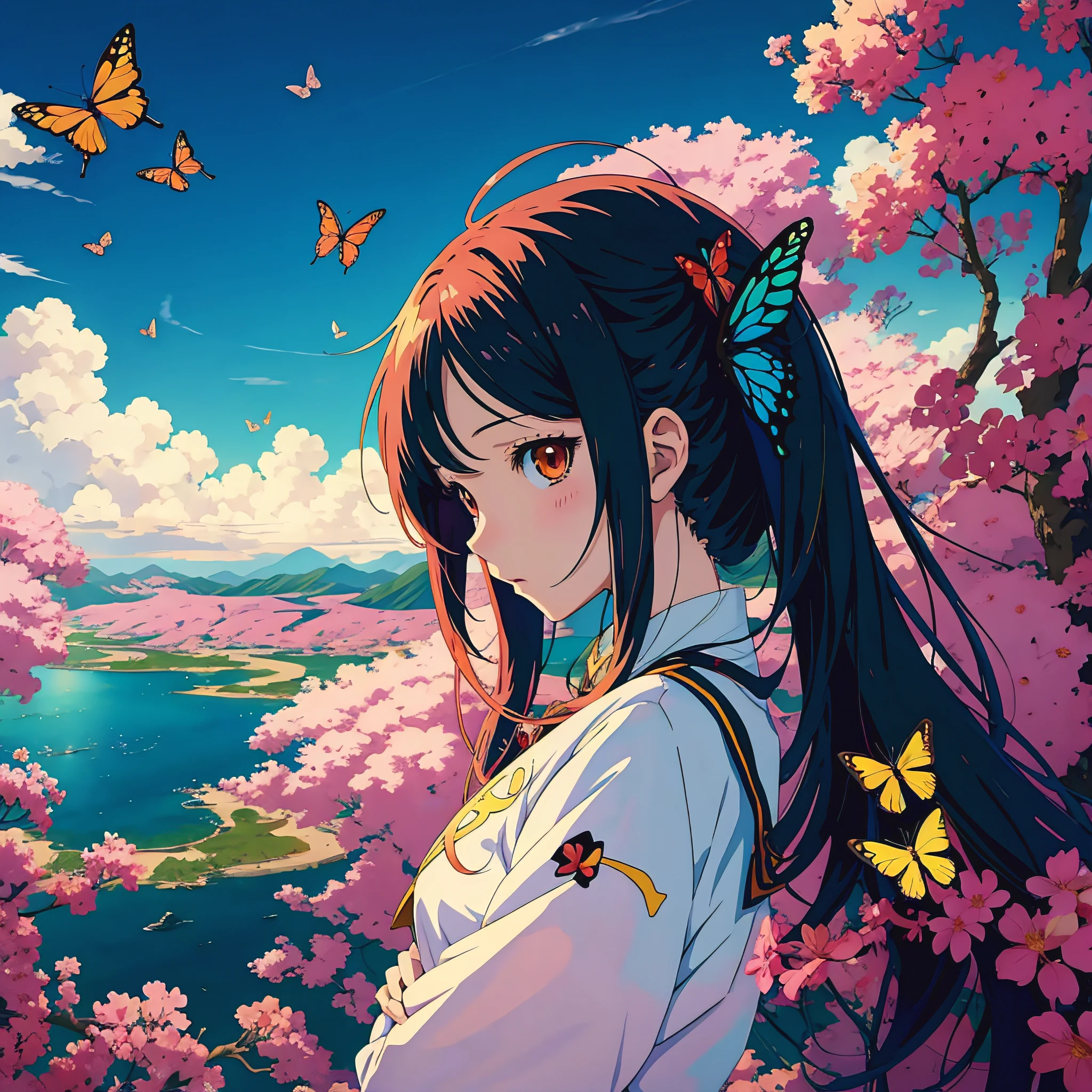 Anime girl with long hair and butterfly in the sky, retrato bonito do anime, Anime bonito, anime bonita, estilo anime 4K, Anime Art Wallpaper 8K, perfil de menina, 4k anime wallpapers, Anime Wallpaper 4k, Papel de parede anime 4k, Anime Art Wallpaper 4K, Anime Art Wallpaper 4K, menina animeto, (menina anime)