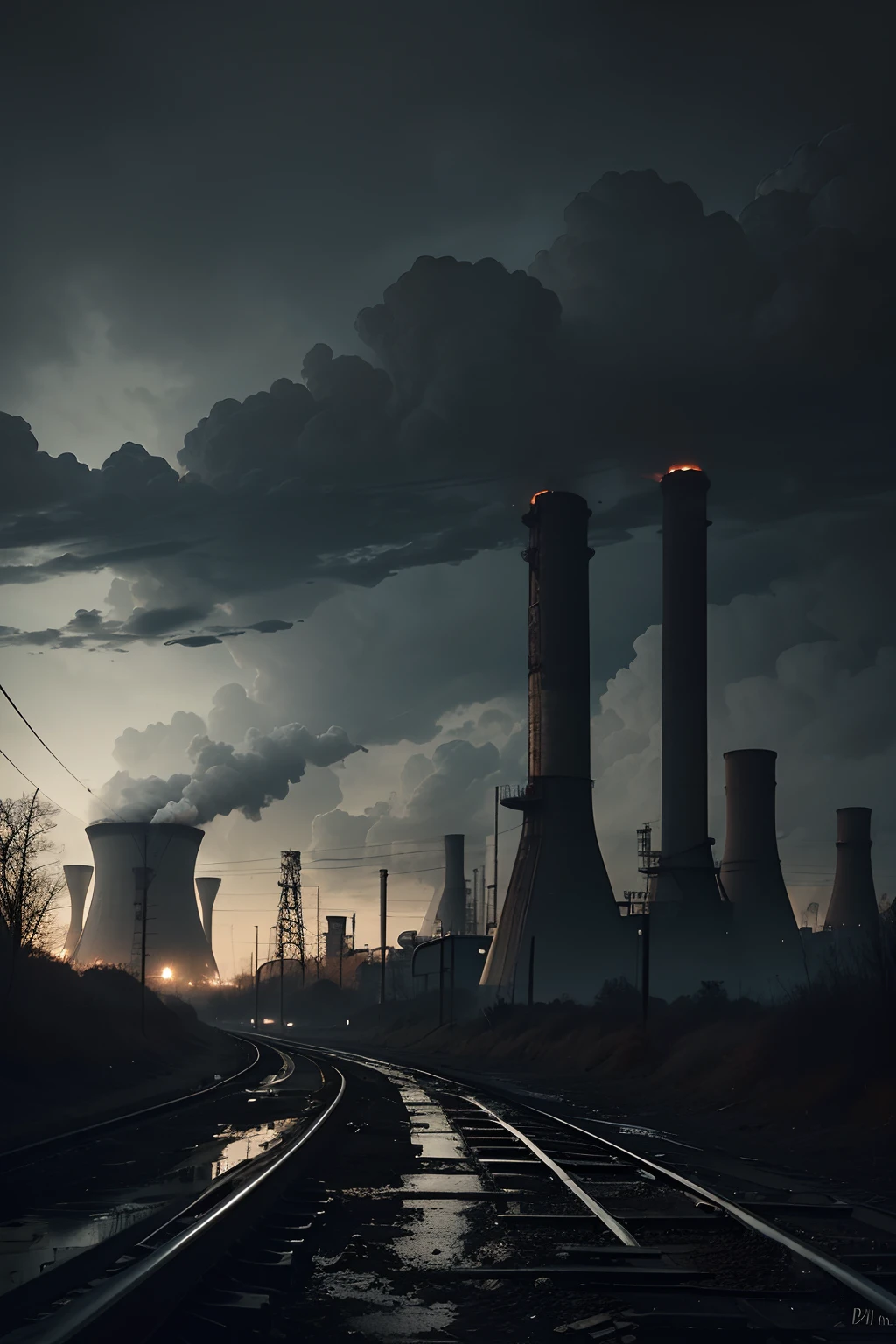 smoke billowing from a factory chimney at sunset, covering the city with smoke, power plants with smoke, pollution, industrial fires and smog, polluted, air pollution, smoke from chimneys, toxic glowing smog in the sky, particulate, toxic air, plumes of smoke in background, smokestacks, air particles, smog, fumes, factories and nature, steam pipes, silicon and carbon, no signature, 8 k, ultra detailed, award winning, (intricate details), (hyperdetailed), 8k hdr