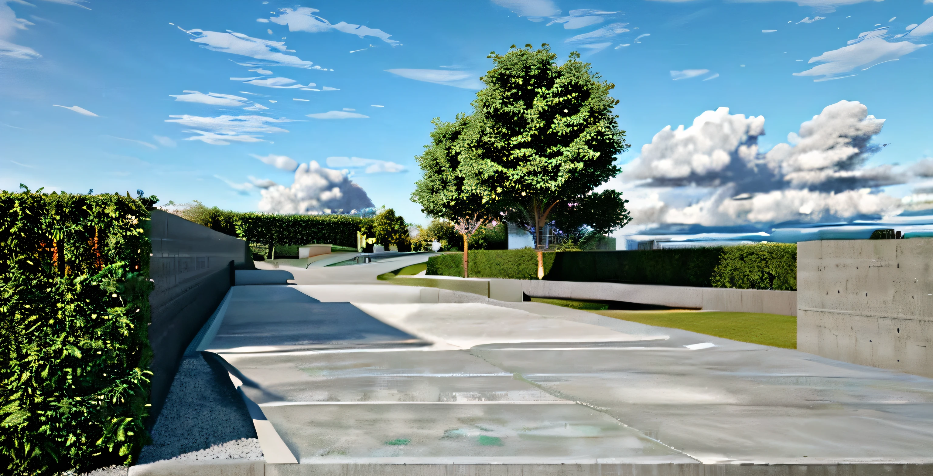 rendering of a park, a concrete pathway extend to the far distance, a wooden wall on the right, ((bush hedge)) on the left all the way along of the pathway, wooden pathway from left to right crossing the concrete pathway, some trees in background, ((modern sculpture)) in the distance, beautiful open grass lawn, ((beautiful blue sky, daylight, bright light)), masterpiece, ultra-detailed, realistic rendering, commercial rendering, 4k rendering, vary rendering