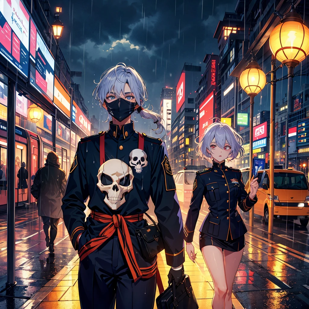 Painel Aranha verso, Scenery at night and raining
Woman light skin, olhos pretos marcantes com olheiras, Wearing a uniform and a skull mask, cabelo tomboy, segurando uma metralhadora