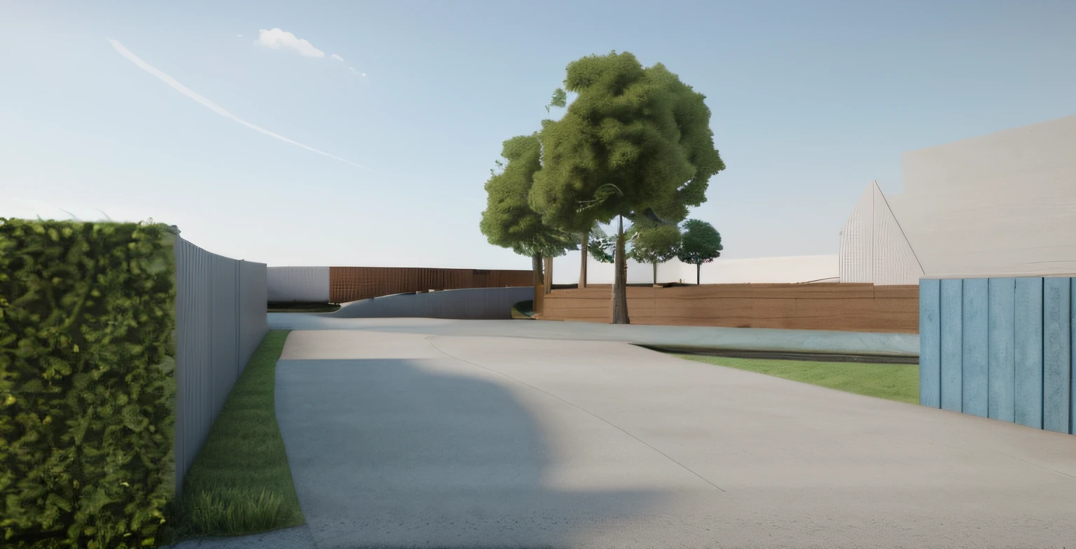 rendering of a park, a concrete pathway extend to the far distance, a wooden wall to the right, ((brush hedge)) on the left all the way along of the pathway, wooden pathway from left to right crossing the concrete pathway, some trees in the background, ((modern sculpture)) in the distance, beautiful open grass lawn, ((beautiful blue sky, daylight, bright light)), masterpiece, ultra-detailed, realistic rendering, commercial rendering, 4k rendering, vray rendering