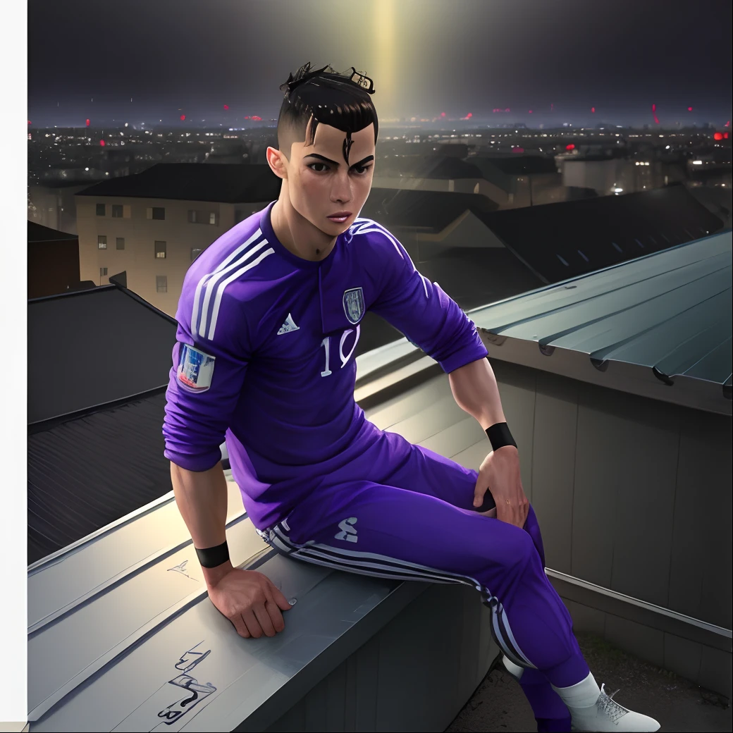 Cristiano Ronaldo sitting on a roof on a rainy night with a purple r drink in a white cup