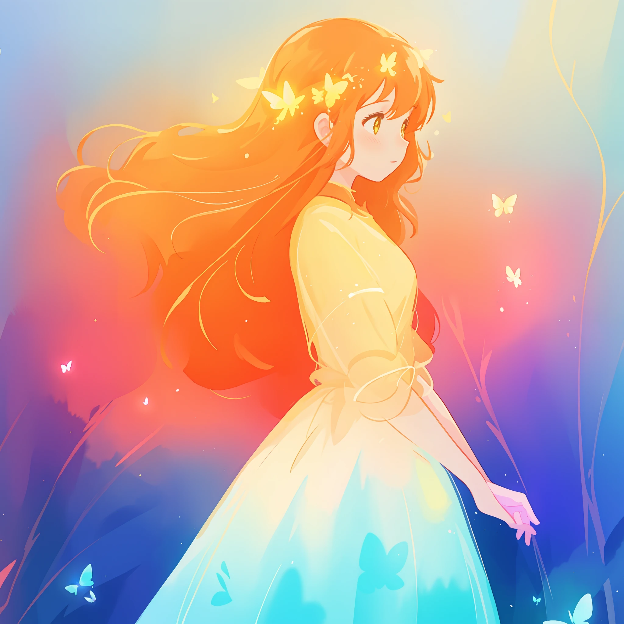 beautiful girl in flowing puffy gradient gold to aqua ballgown, ((glowing butterflies)), long sparkling red hair, delicate gold crown, fantasia background, watercolor illustration, inspired by Glen Keane, inspired by Lois van Baarle, disney art style, by Lois van Baarle, glowing aura around her, by Glen Keane, jen bartel, glowing lights! digital painting, flowing glowing hair, glowing flowing hair, beautiful digital illustration, fantasia otherworldly landscape plants flowers, beautiful, masterpiece, best quality, anime disney style