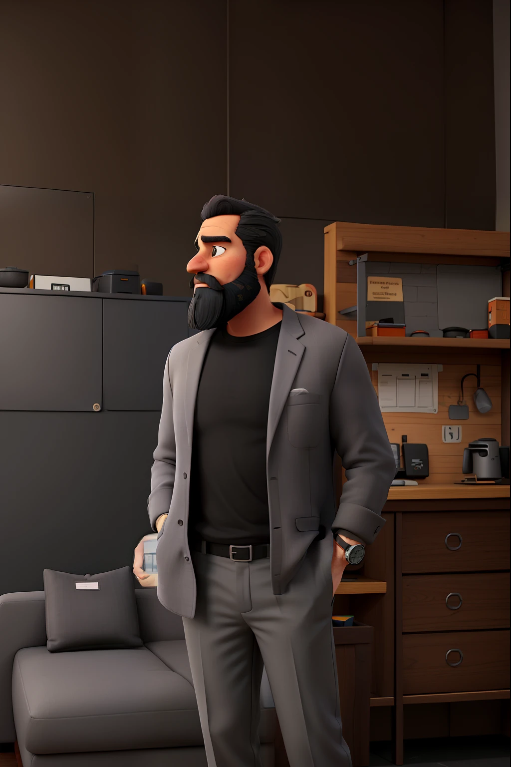 man with a 40-year-old appearance standing, with a gray suit, black t-shirt with his hands in his pants pocket, watch on his wrist, with a black beard, a little gray at the end of his beard