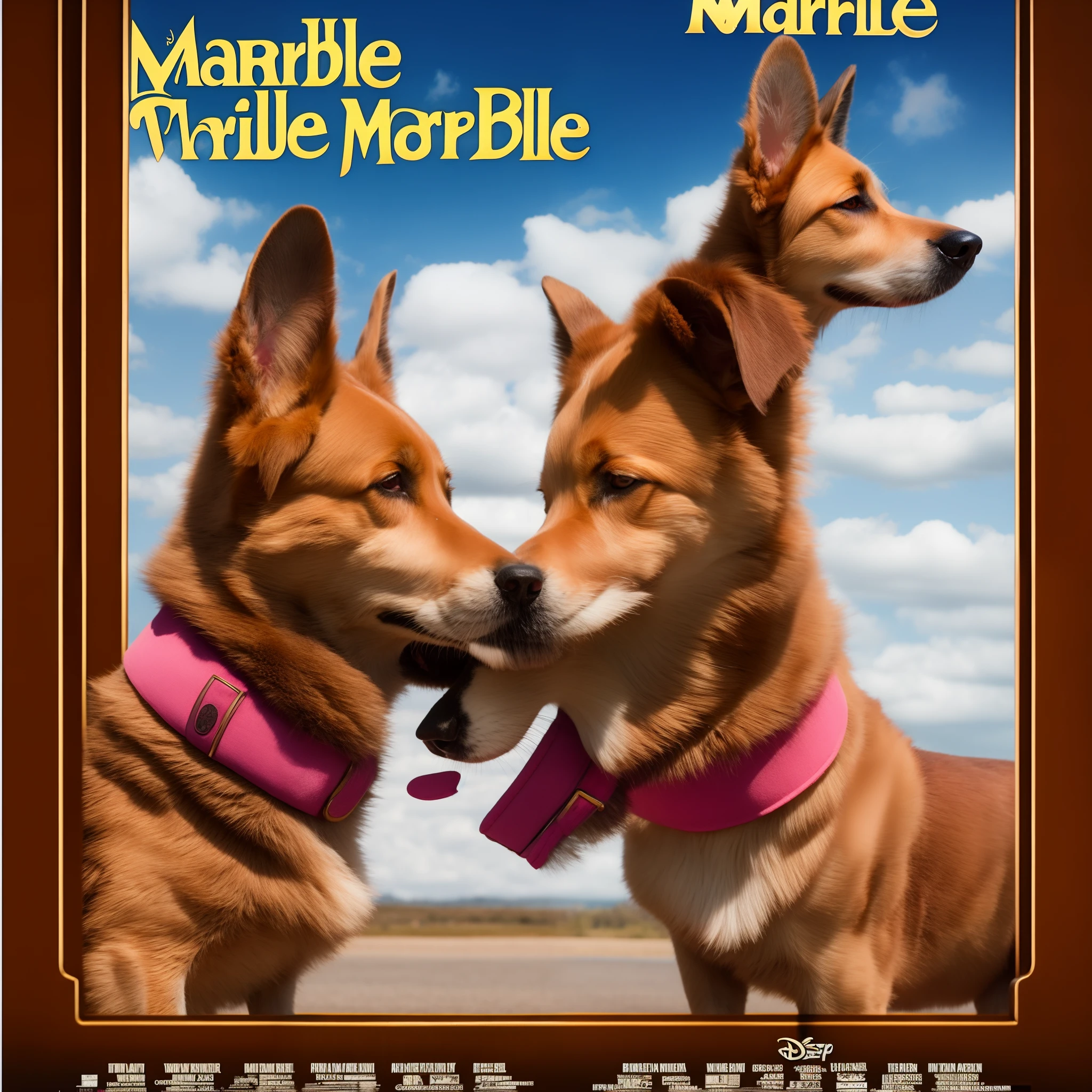 Disney inspired movie poster with the title [Maribelle]. The image should be in the distinct digital art style of Disney. In the image [a brown dog who has a white muzzle and wear a pink heart collar. she is a ridgeback