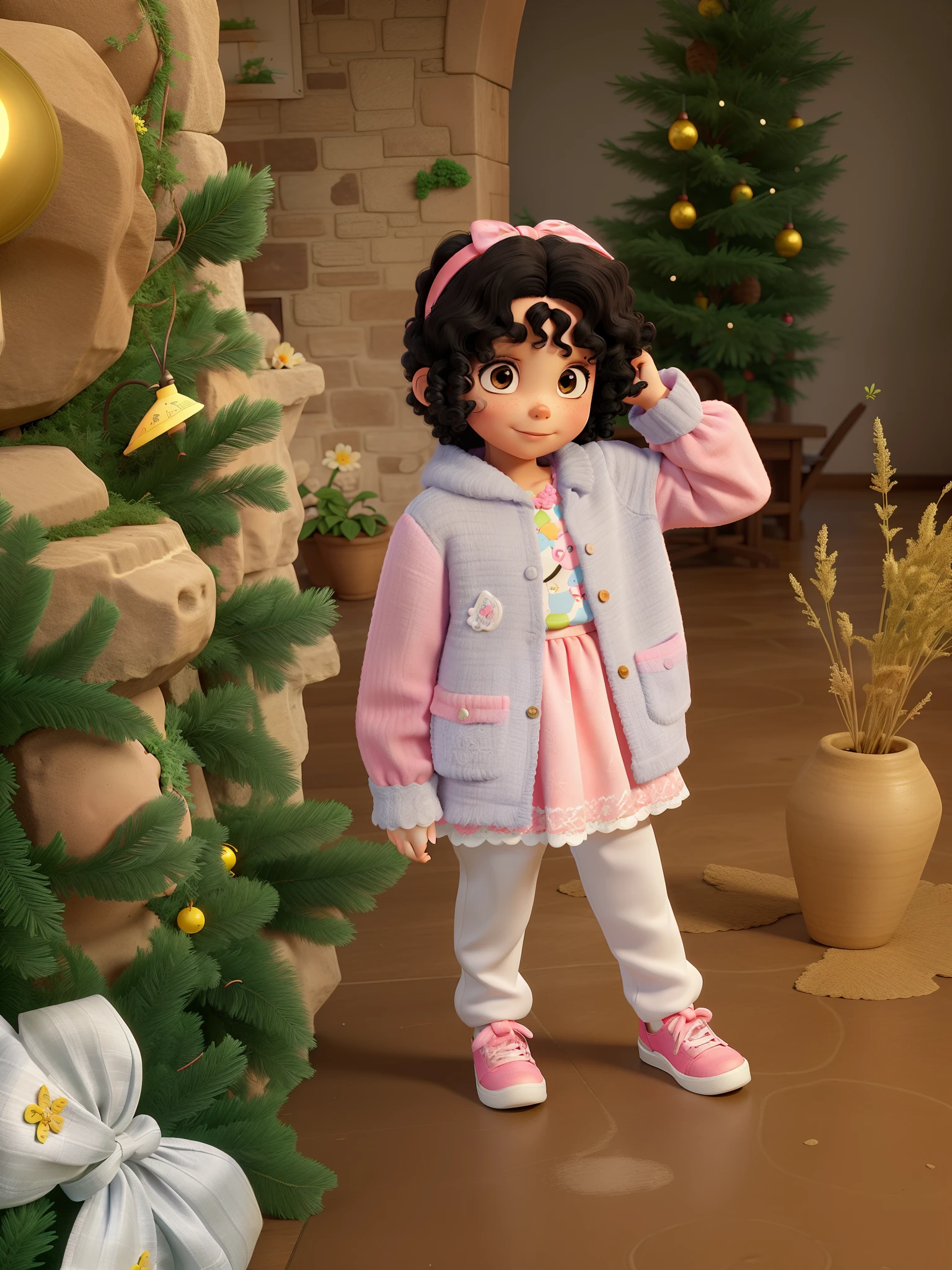 Girl with black curly hair and two pink bows one on each side of the top of her head, com colete de frio com capuz abaixado em cor mais clara e blusa de manga longa rosa com detalhes em branco por baixo do colete, With your hand on your head in Disney Pixar style, alta qualidade, melhor qualidade