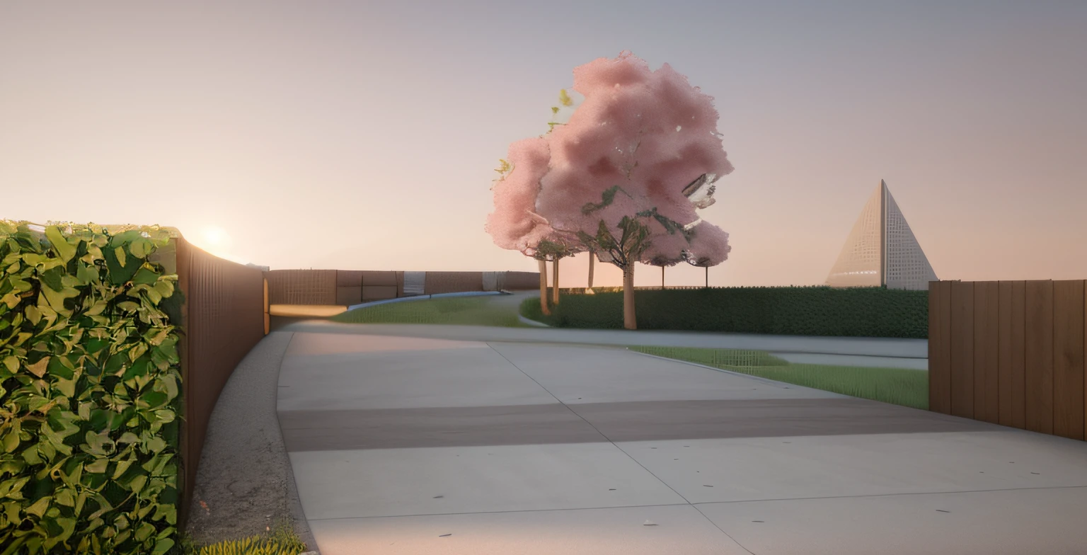 rendering of a park, a concrete pathway extend to the far distance, a oak wood wall on the right, a natural ( ( bush hedge ) ) on the left all the way along the pathway, a wooden pathway from left to right crossing the concrete pathway, some beautiful autumnal trees in the background, ( ( modern sculpture ) ) in the distance, beautiful open meadow grass lawn, ( ( beautiful blue and pink sky, sunset, ambient light ) ), masterpiece, ultra-detailed, realistic rendering, commercial rendering, 4k rendering, vray rendering