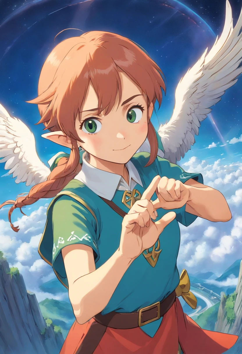 1 Elf holds out a finger，Point to the left，There is an eagle in the sky that swoops to the left
