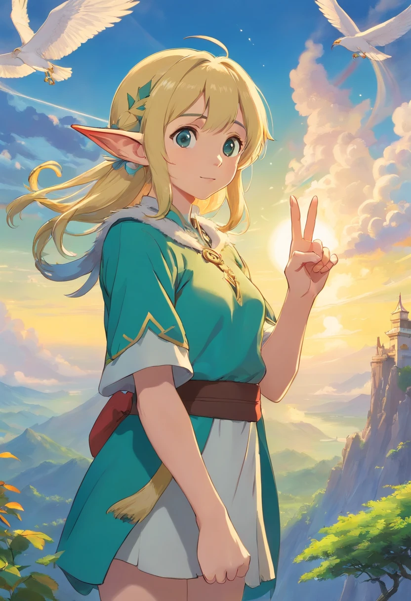 1 Elf holds out a finger,Point to the left,There is an eagle in the sky that swoops to the left