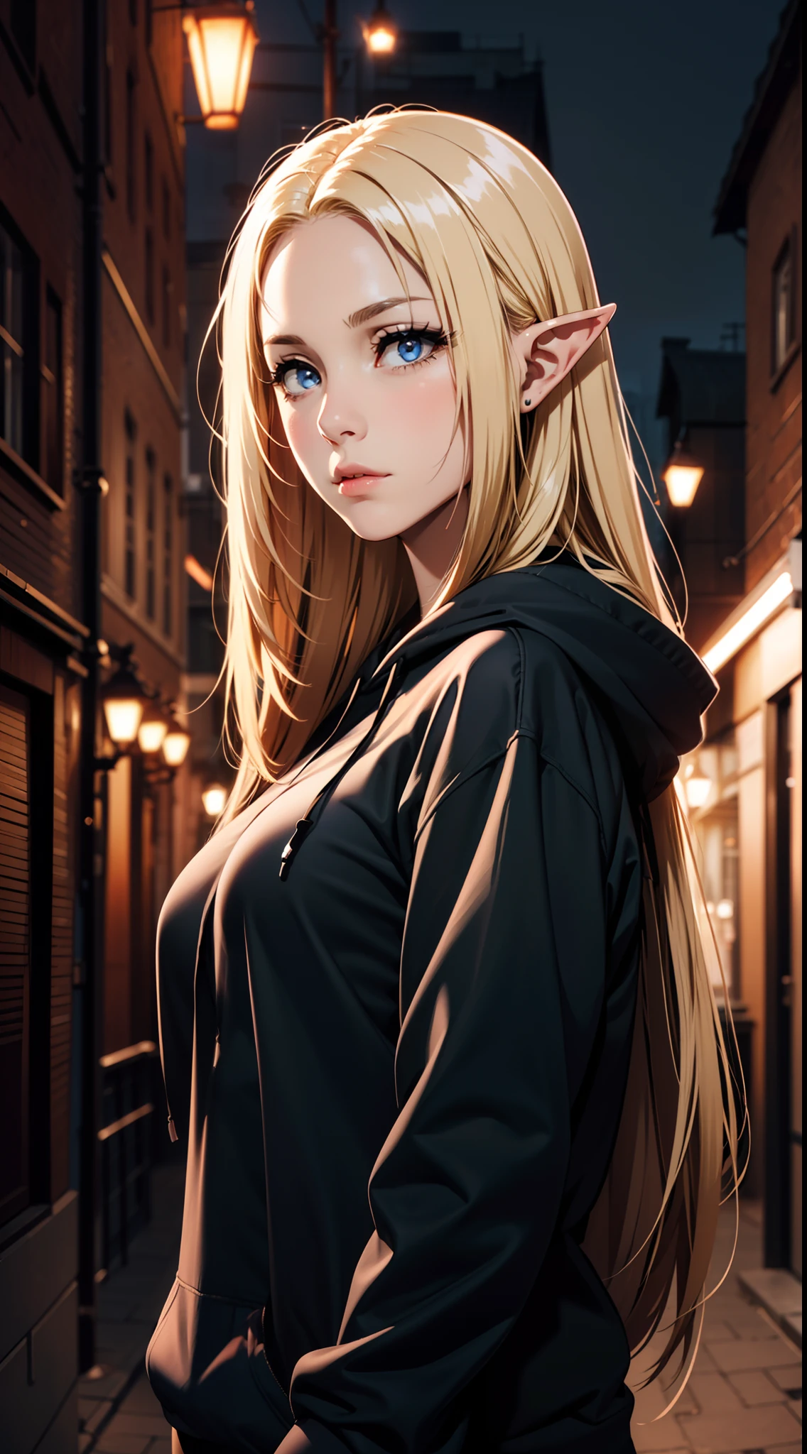 (masterpiece, best quality:1.4), (standing 1.2), 1girl, upper body, wearing Streetwear ((Hoodie)), blonde_hair, blue_eyes, serious face, closed_mouth, elf, long_hair, long_pointy_ears, looking_at_viewer, pointy_ears, solo, very_long_hair , beautiful face, (highly detailed face), highly detailed eyes, highly detailed skin, skin pores, subsurface scattering, realistic pupils, medium breast, full face blush, full lips, detailed background, depth of field, volumetric lighting, sharp focus, absurdres, realistic proportions, good anatomy, Cityscape , outside, at night