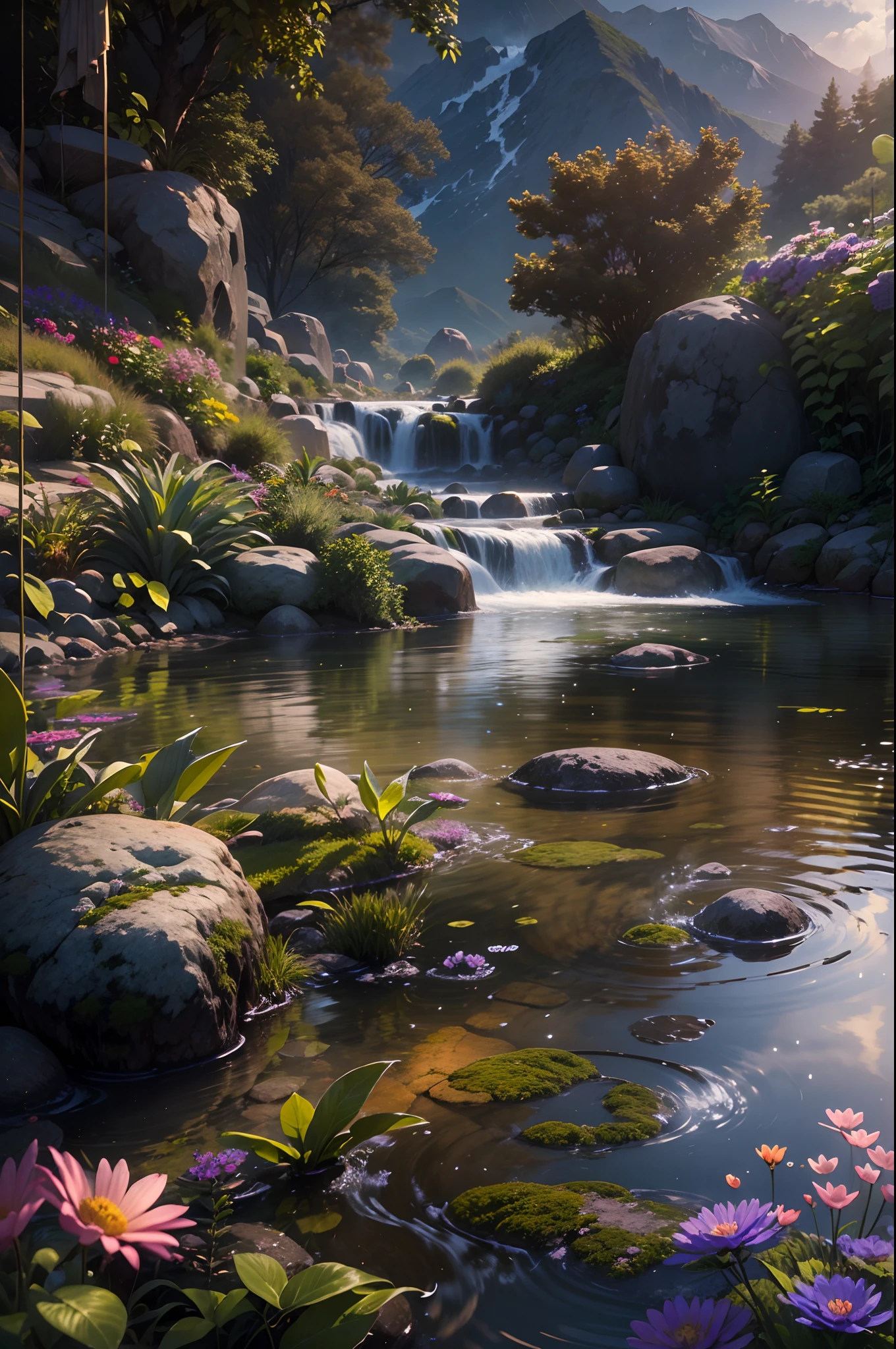 rivulets，rainbowing，jungles，Flowers，mountain spring，steamy，smog，Immortal，vibrant with colors，Water surface reflection，Real light，super-fine，Hyper-realistic，Ultra photo realsisim，tmasterpiece，8K，on focus，Bokeh，Detailed pubic hair，Hyper-detailing，high qulity，High definition，cinematic perspective
