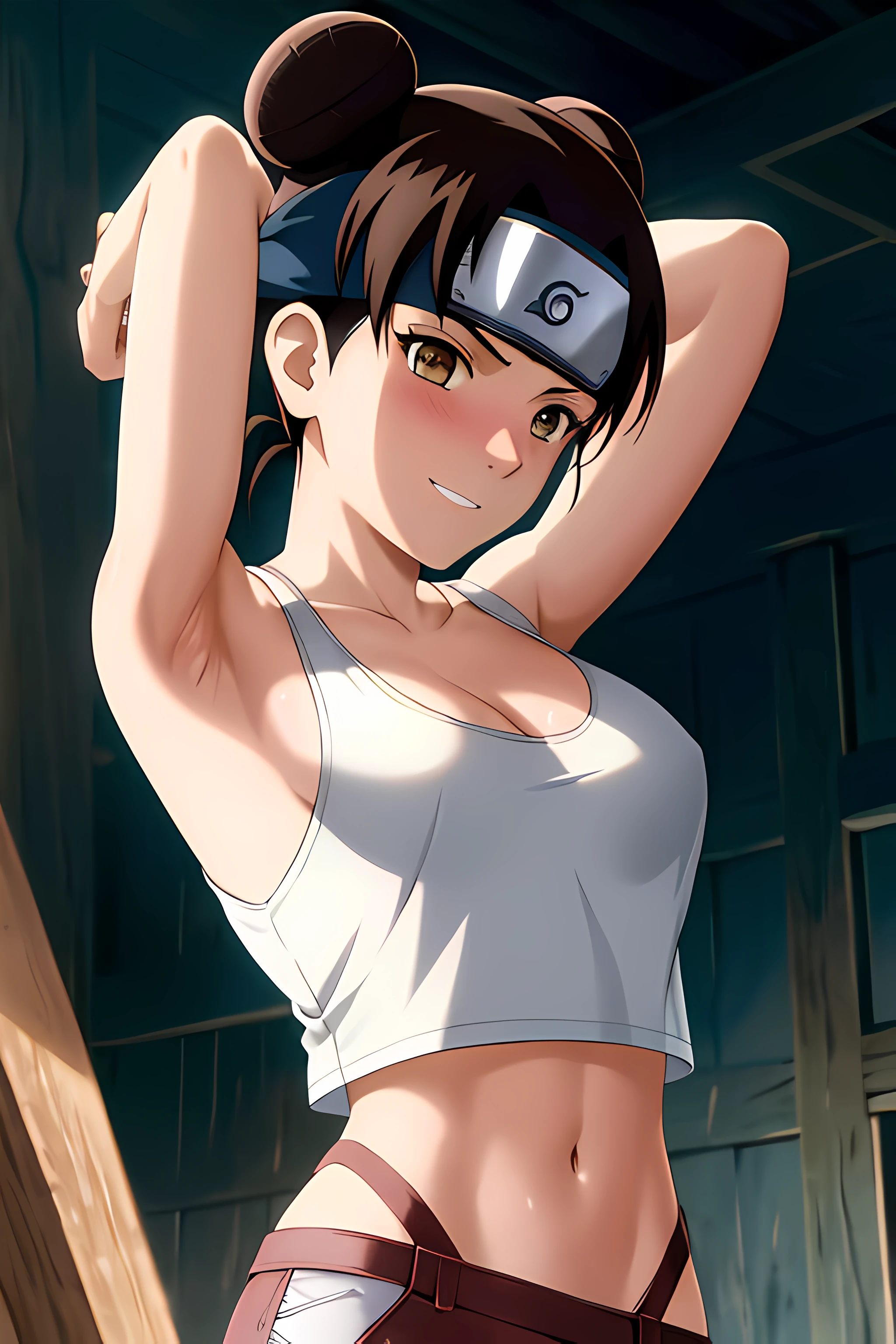 masterpiece, absurdres , (intricate details), (colorful),cinematic lighting,bust shot,extremely detailed CG unity 8k wallpaper,tenten\(shippuden\), 1girl, solo, medium breasts, forehead protector, konohagakure symbol, headband, looking at viewer, poolside, (white tank top), ripped jeans, midriff, standing, smile, (blushing), hands behind head, cleavage,