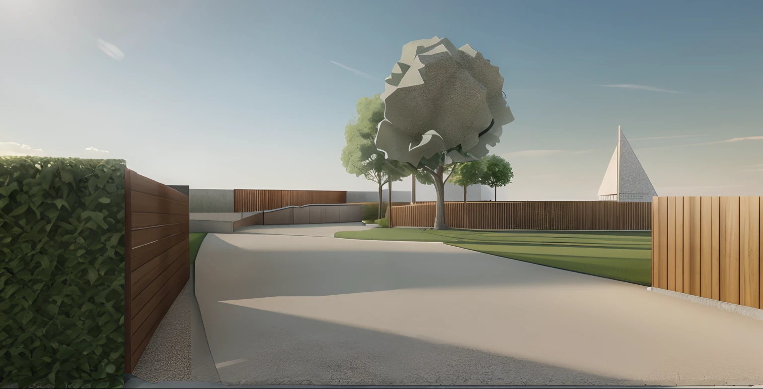 rendering of a park, a concrete pathway, extend to the far distance, a wooden wall on the right, ((bush hedge)) on the left all the way along the pathway, wooden pathway from left to right crossing the concrete pathway, scene trees in background, ((modern sculpture)) in the distance, beautiful open grass lawn, ((beautiful bule sky, daylight, bright light)), masterpiece, ultra-detailed, realistic rendering, commercial rendering, 4K rendering, way rendering