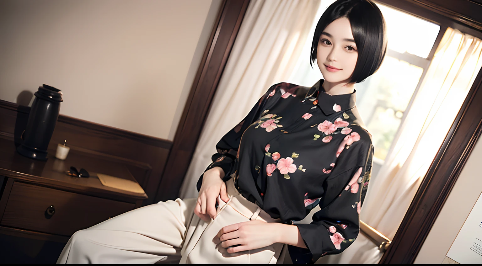 93
(a 20 yo woman,is standing), (A hyper-realistic), (masutepiece), ((short-hair:1.46)), (Smooth black hair), wear long pants, (Wearing a long-sleeved shirt with a floral print), (painterly、picture frame), (Gentle smile), (Keep your mouth shut)