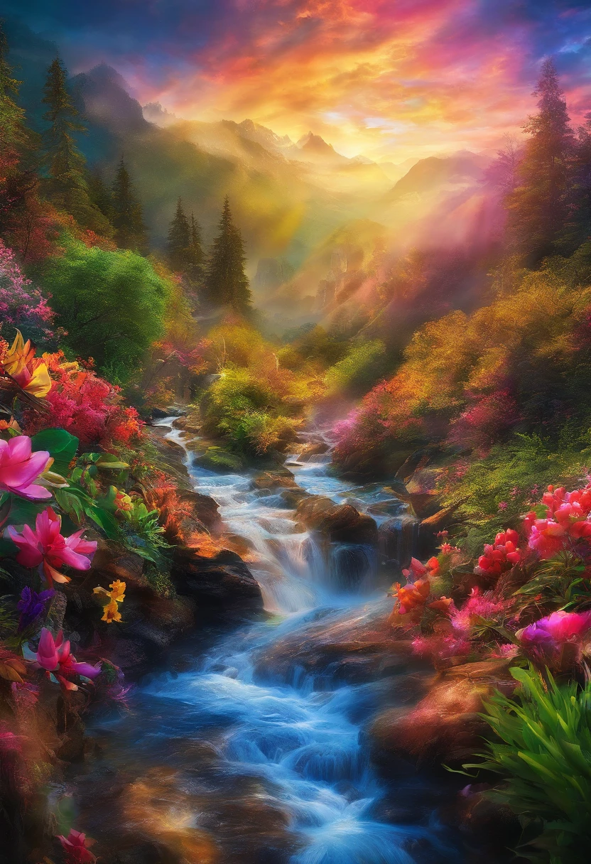 rivulets，rainbowing，jungles，Flowers，mountain spring，steamy，smooggy，fawn，vibrant with colors，Water surface reflection，Real light，super-fine，Hyper-realistic，Ultra photo realsisim，tmasterpiece，8K，on focus，Bokeh，Detailed pubic hair，Hyper-detailing，high qulity，High definition，cinematic perspective