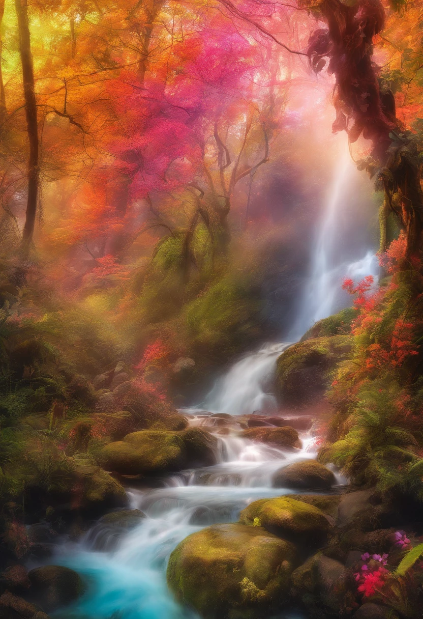 rivulets,rainbowing,jungles,Flowers,mountain spring,steamy,smooggy,fawn,vibrant with colors,Water surface reflection,Real light,super-fine,Hyper-realistic,Ultra photo realsisim,tmasterpiece,8K,on focus,Bokeh,Detailed pubic hair,Hyper-detailing,high qulity,High definition,cinematic perspective